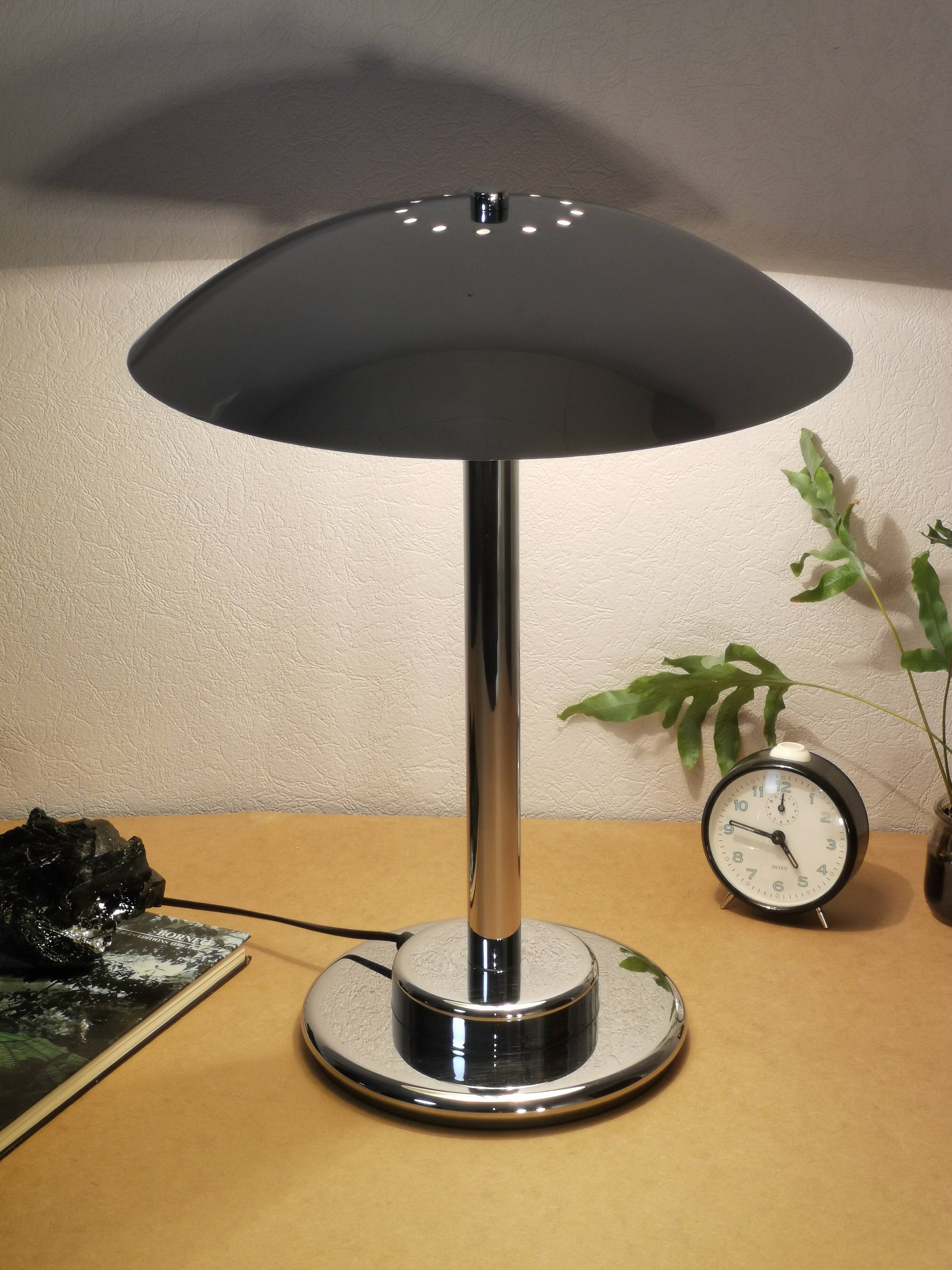 Mushroom lamp, chrome metal saucer, Aluminor, France, 1970