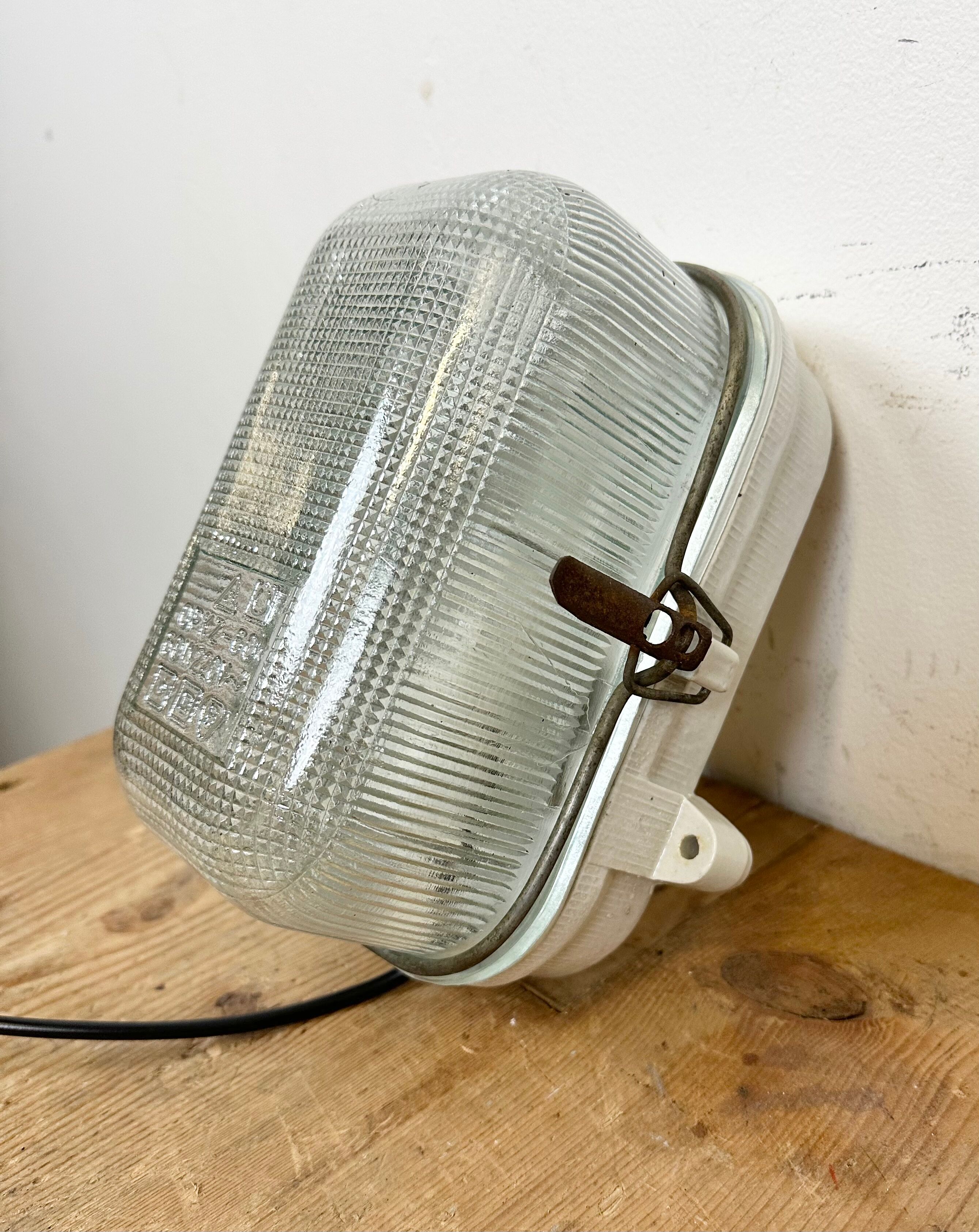 Industrial White Porcelain Wall Light with Ribbed Glass, 1970s