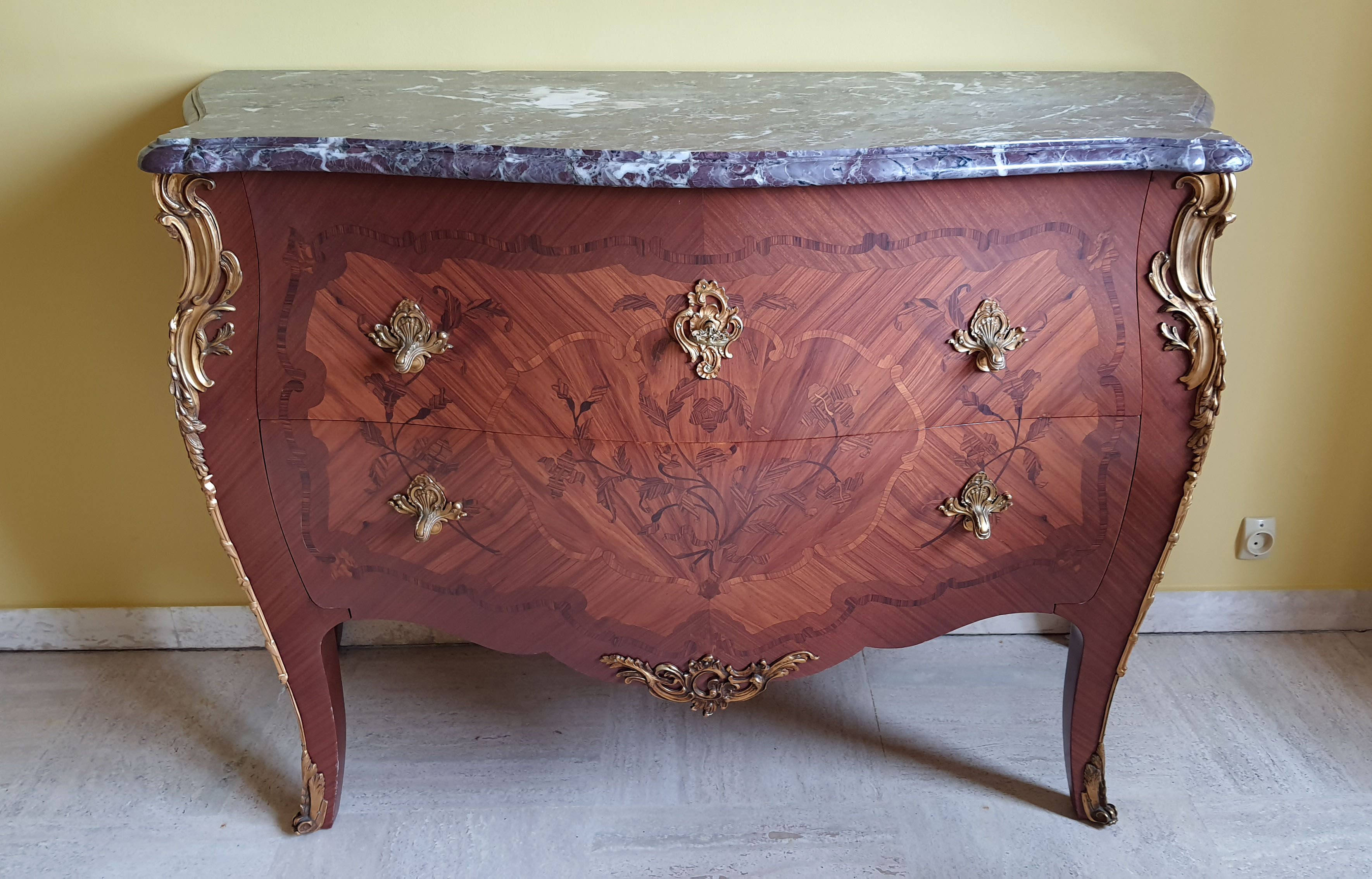 Louis XV chest of drawers marquetry and purple breccia marble
