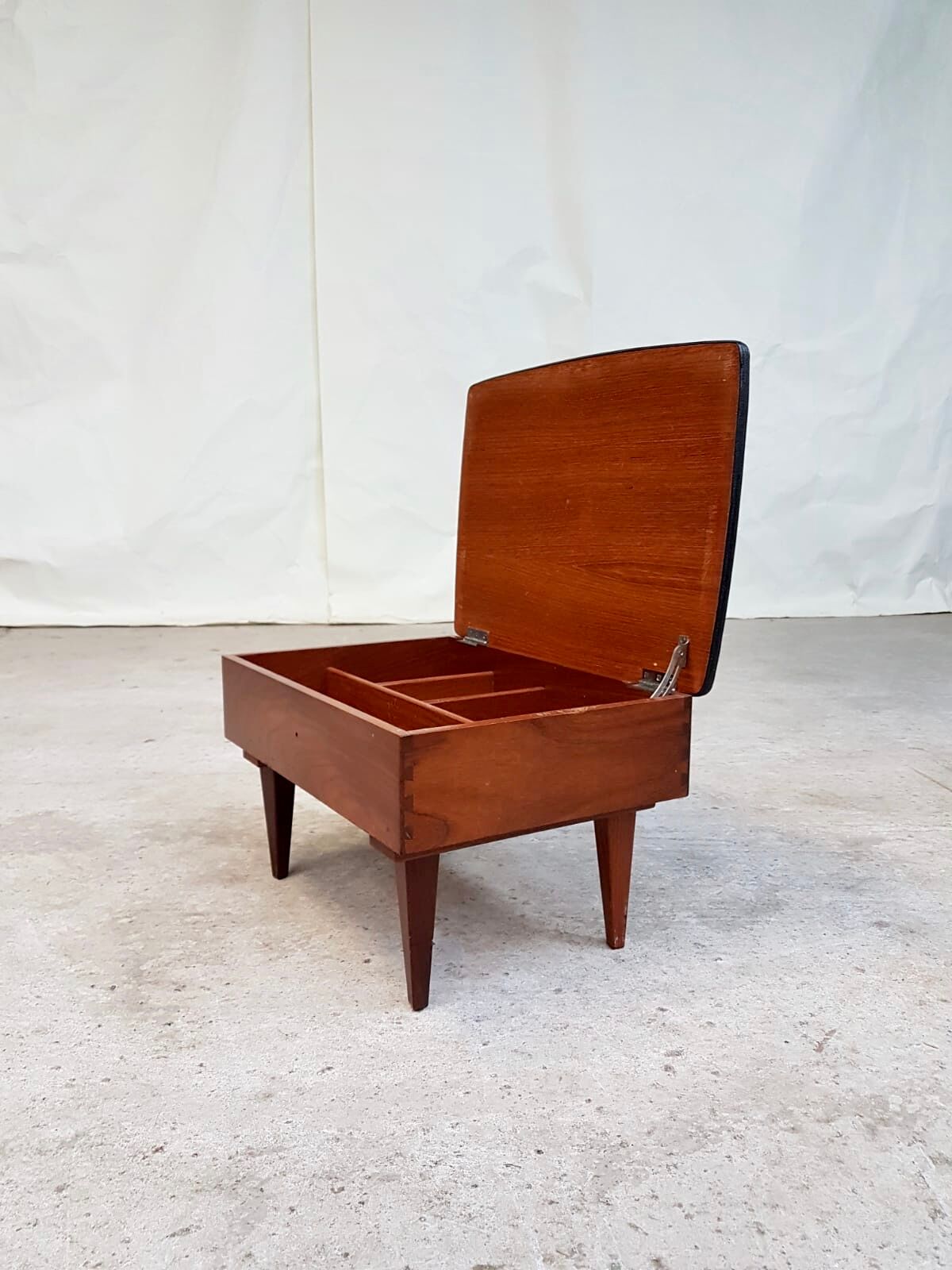 Vtg mid century teak 1950s sewing box heals footstool stool atomic retro
