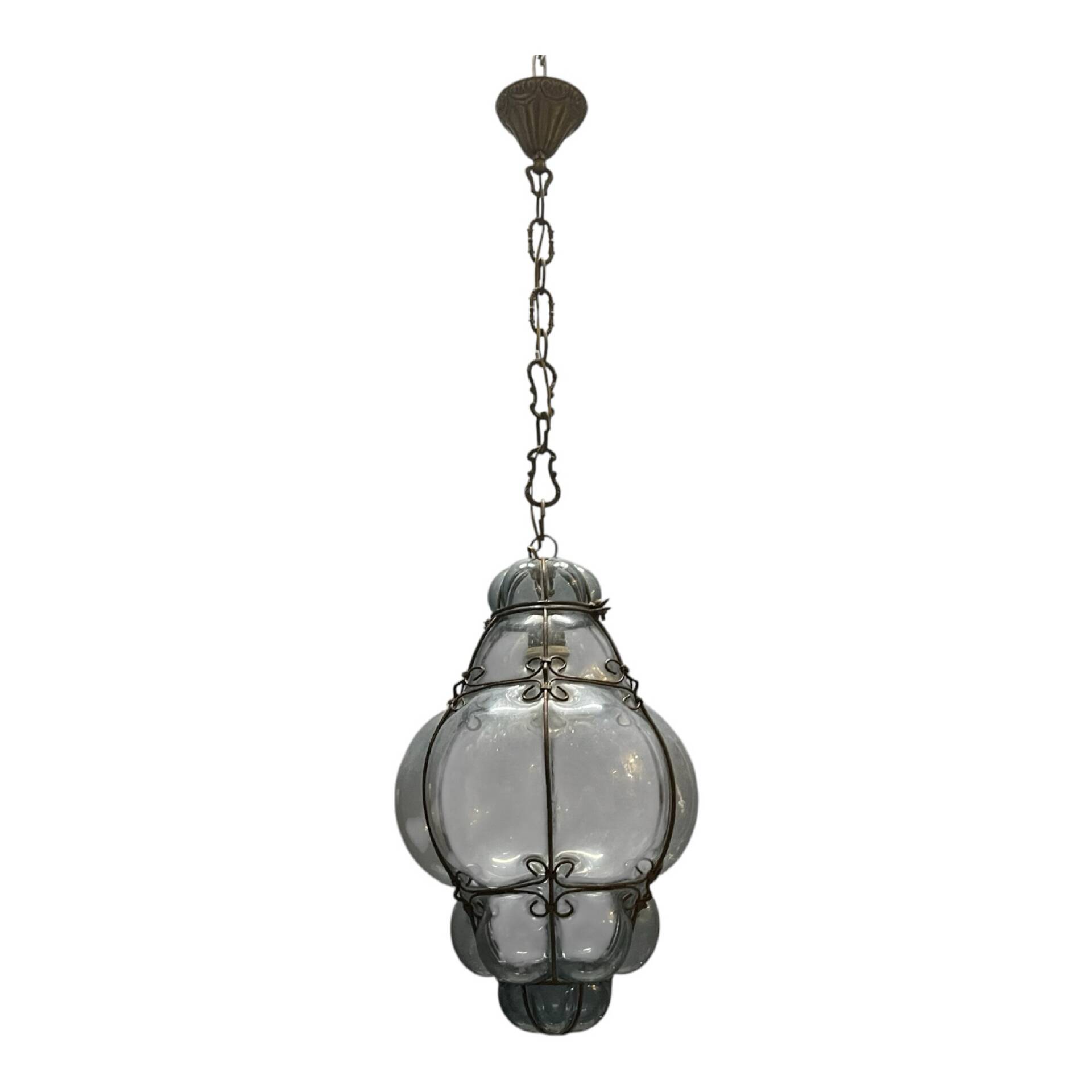 Wrought Iron Tinted Blue Murano Glass Light Pendant 1960’s