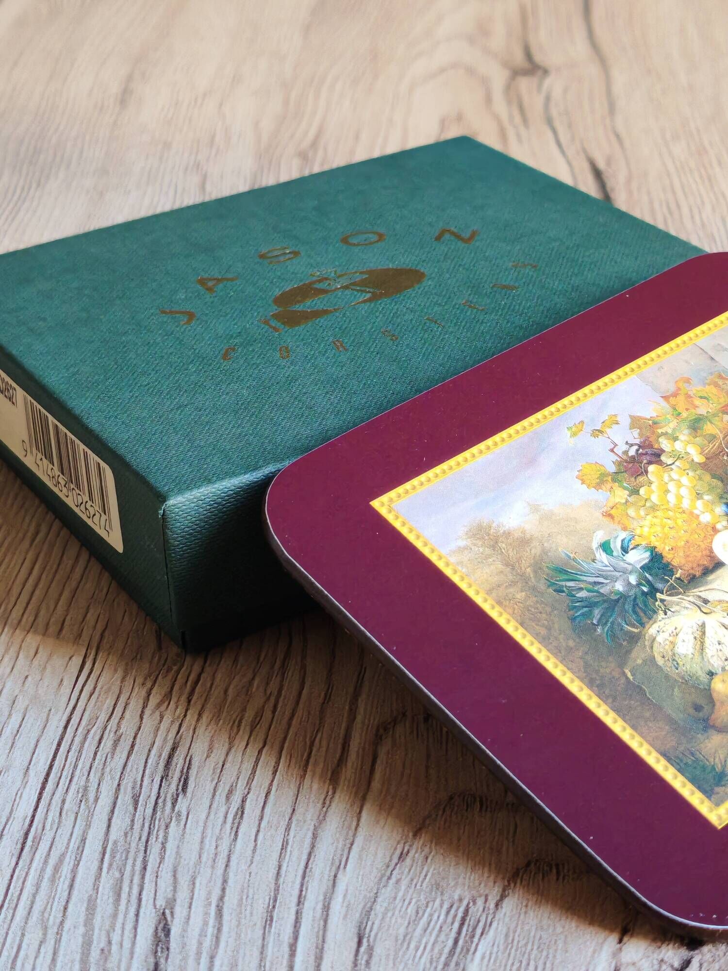 Set of 6 vintage Jason "Still Life Fruit" coasters, cork and durable.