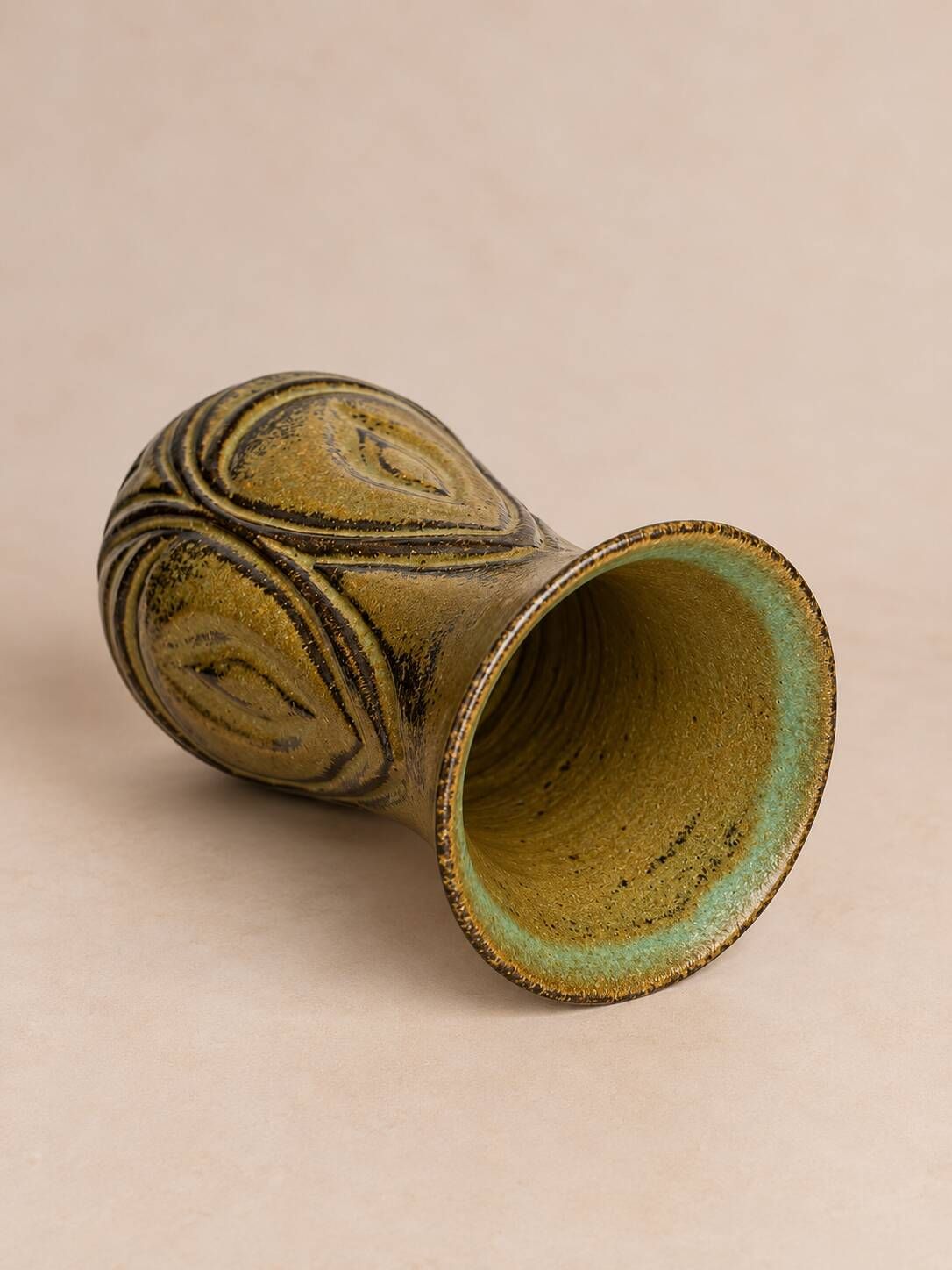 Khaki stoneware vase, wabi-sabi style, brutalist vintage ceramics.