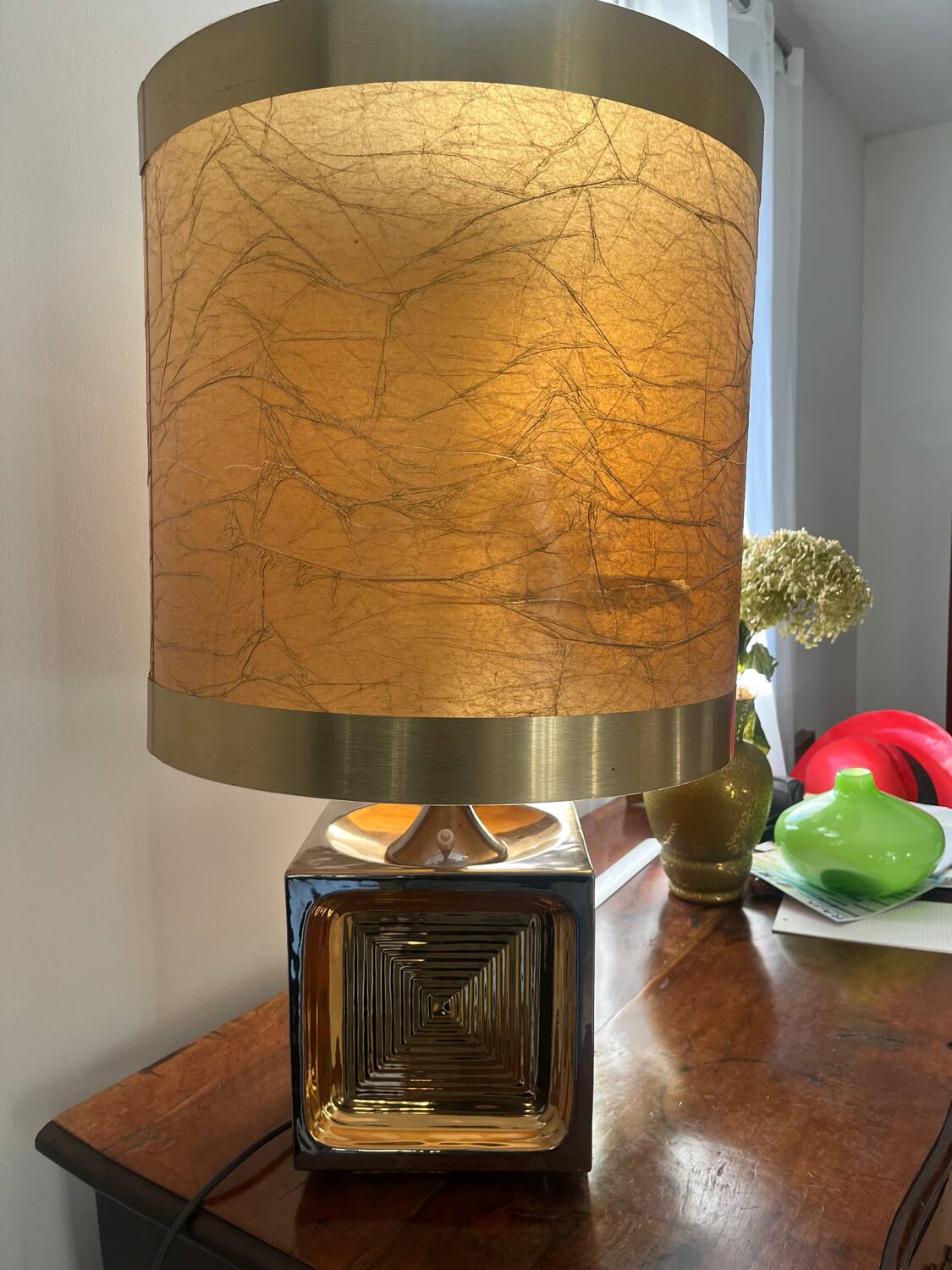 Lampe dorée ceramique des années 70