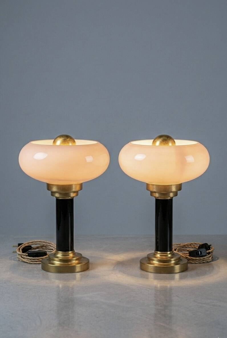 Pair of Art Deco table lamps • Antique glass & Patinated brass