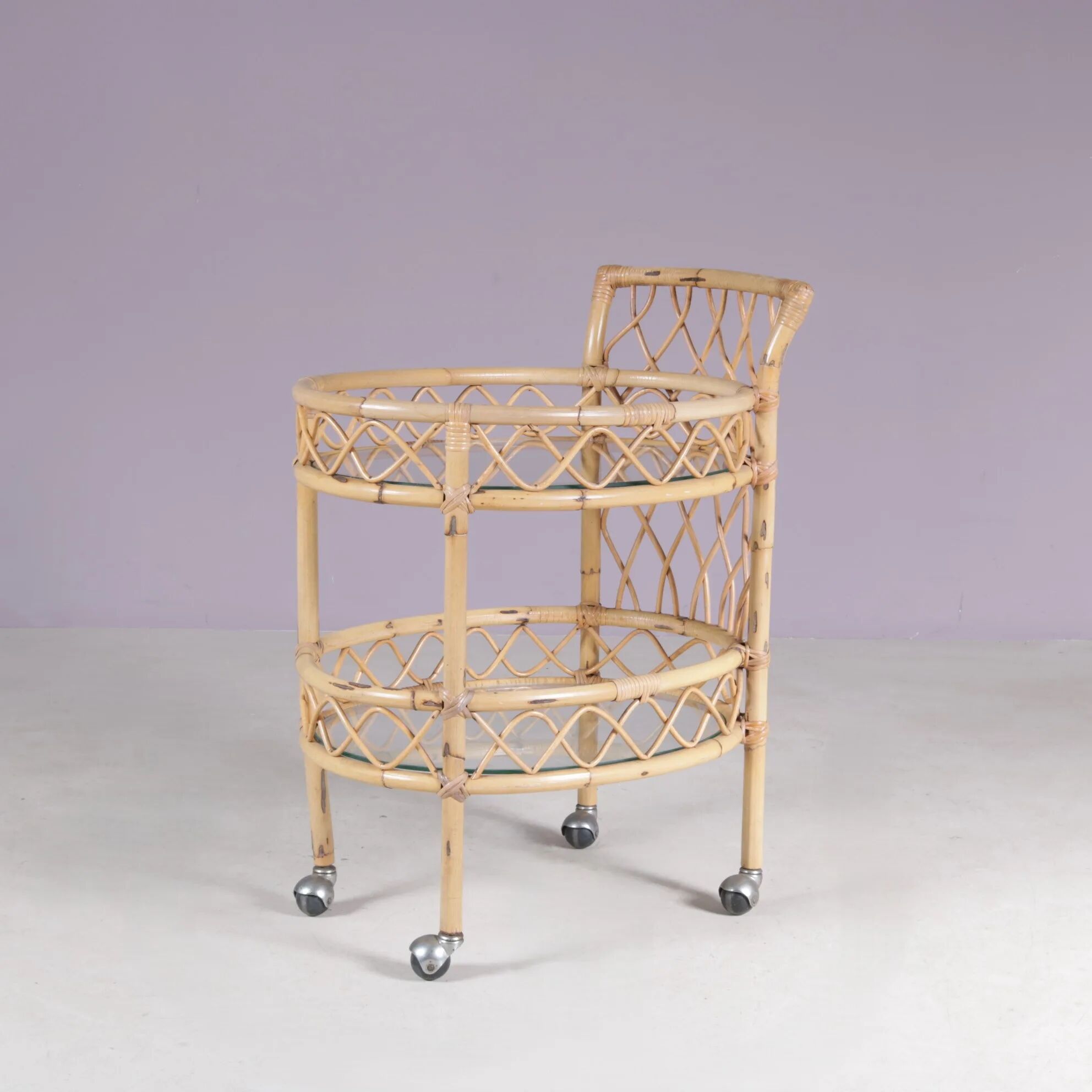 1950s bamboo trolley with two glass tops Italy