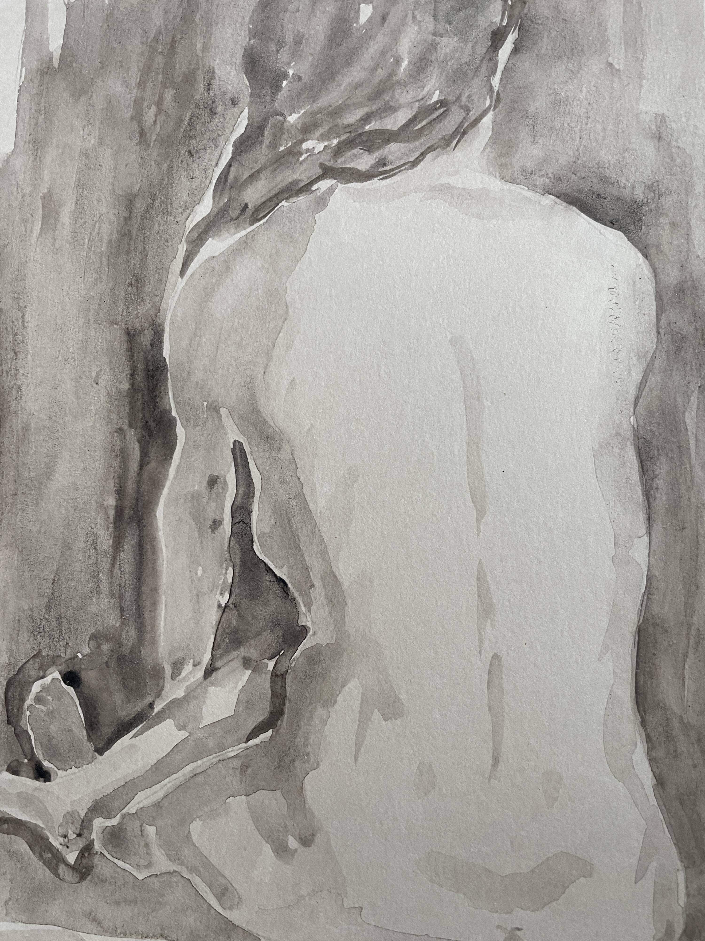Painting signed watercolor monochrome sepia female nude portrait seated from behind