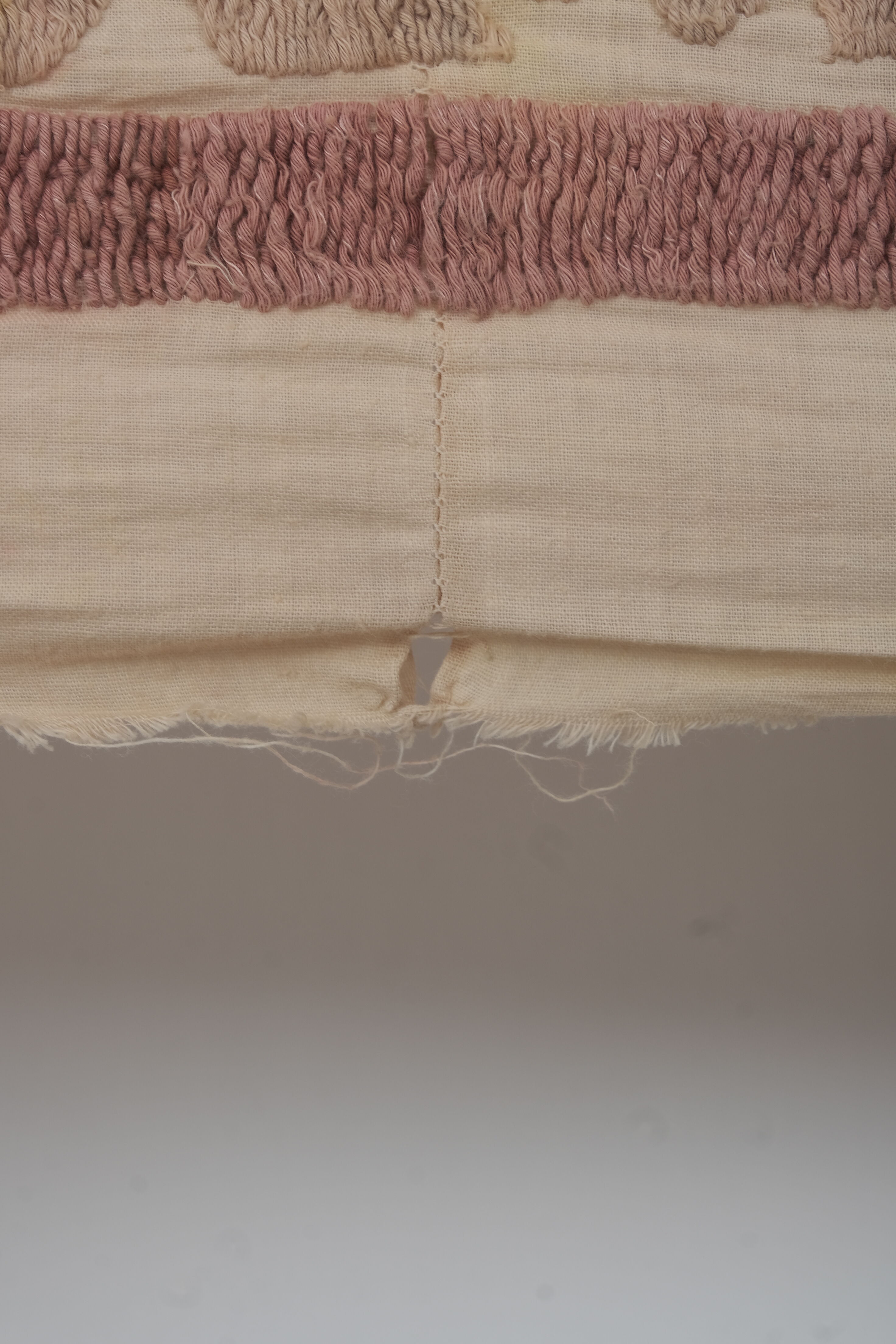 Embroidered tan suzani table cover, vintage tan and pink old embroidery textile