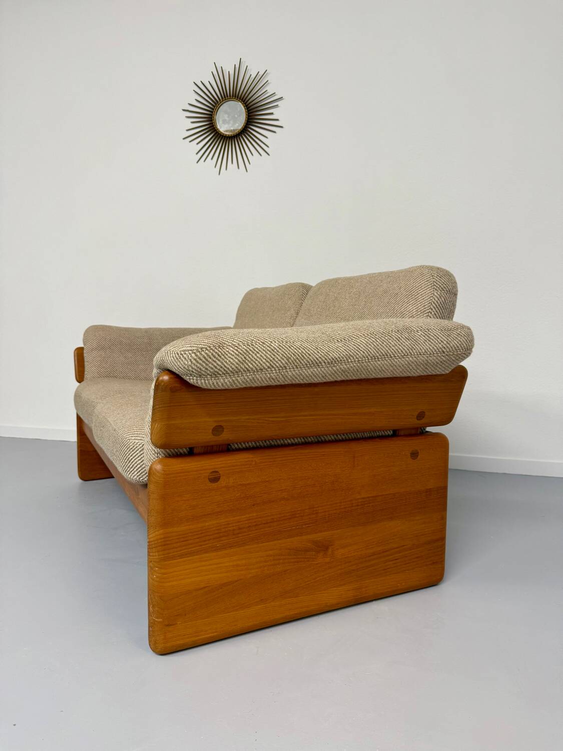 Old sofa in solid elm and vintage 80s design fabric Seltz France