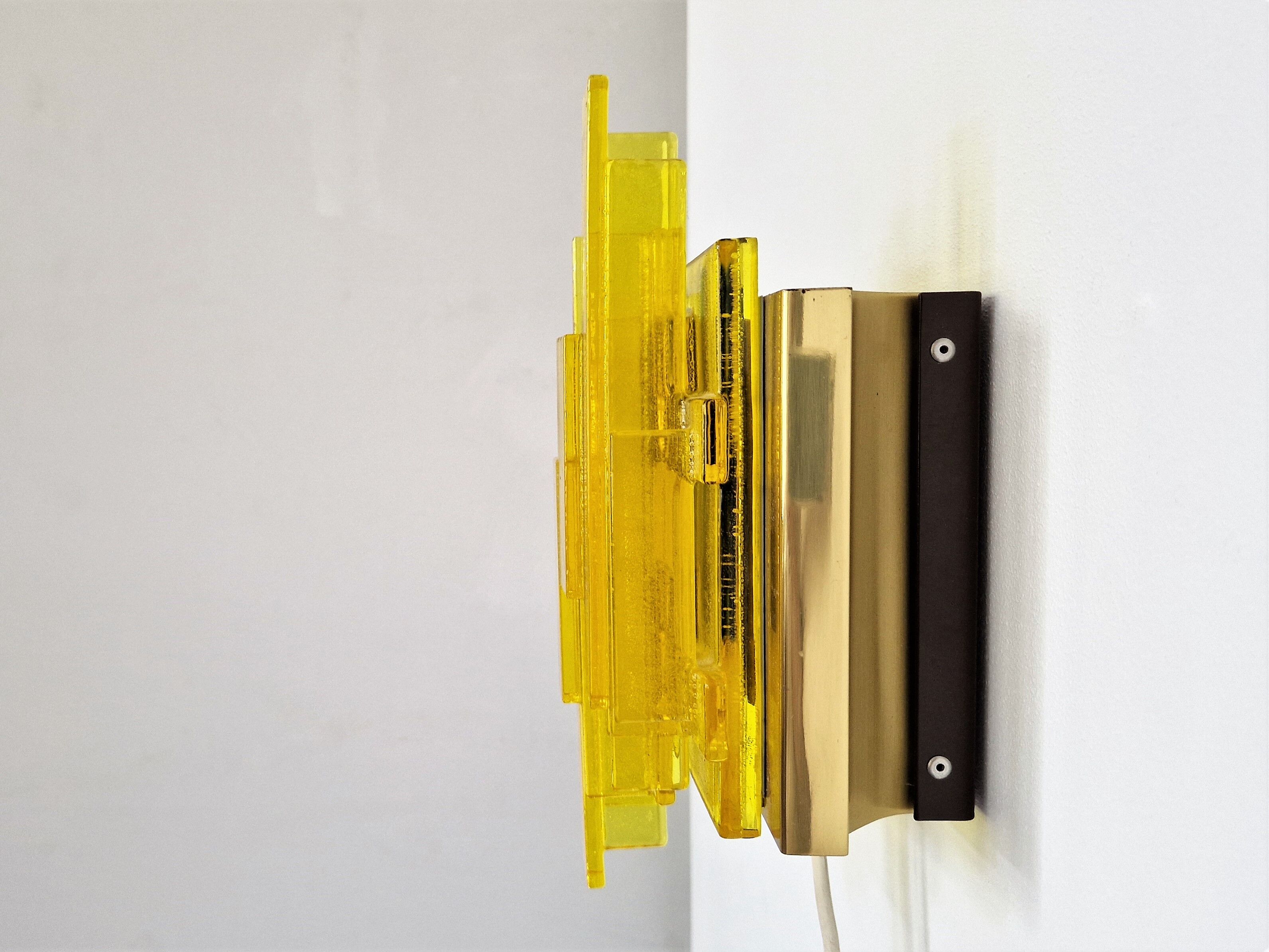 Yellow acrylic and metal wall lamp by Claus Bolby for Cebo Industri, Denmark 1960's