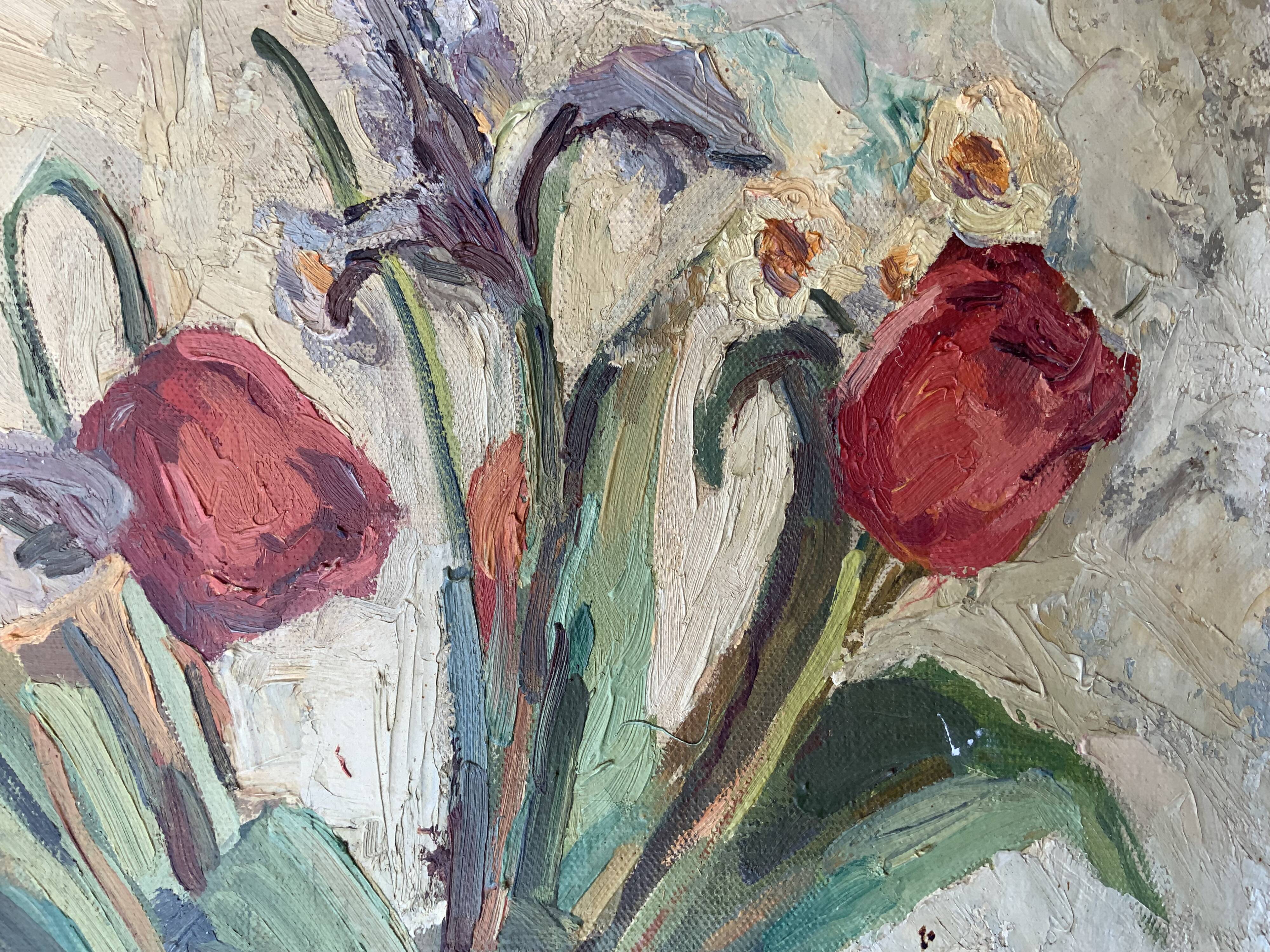 Vintage Still life with Tulips and apple, Oil Painting signed by M. Jonsson