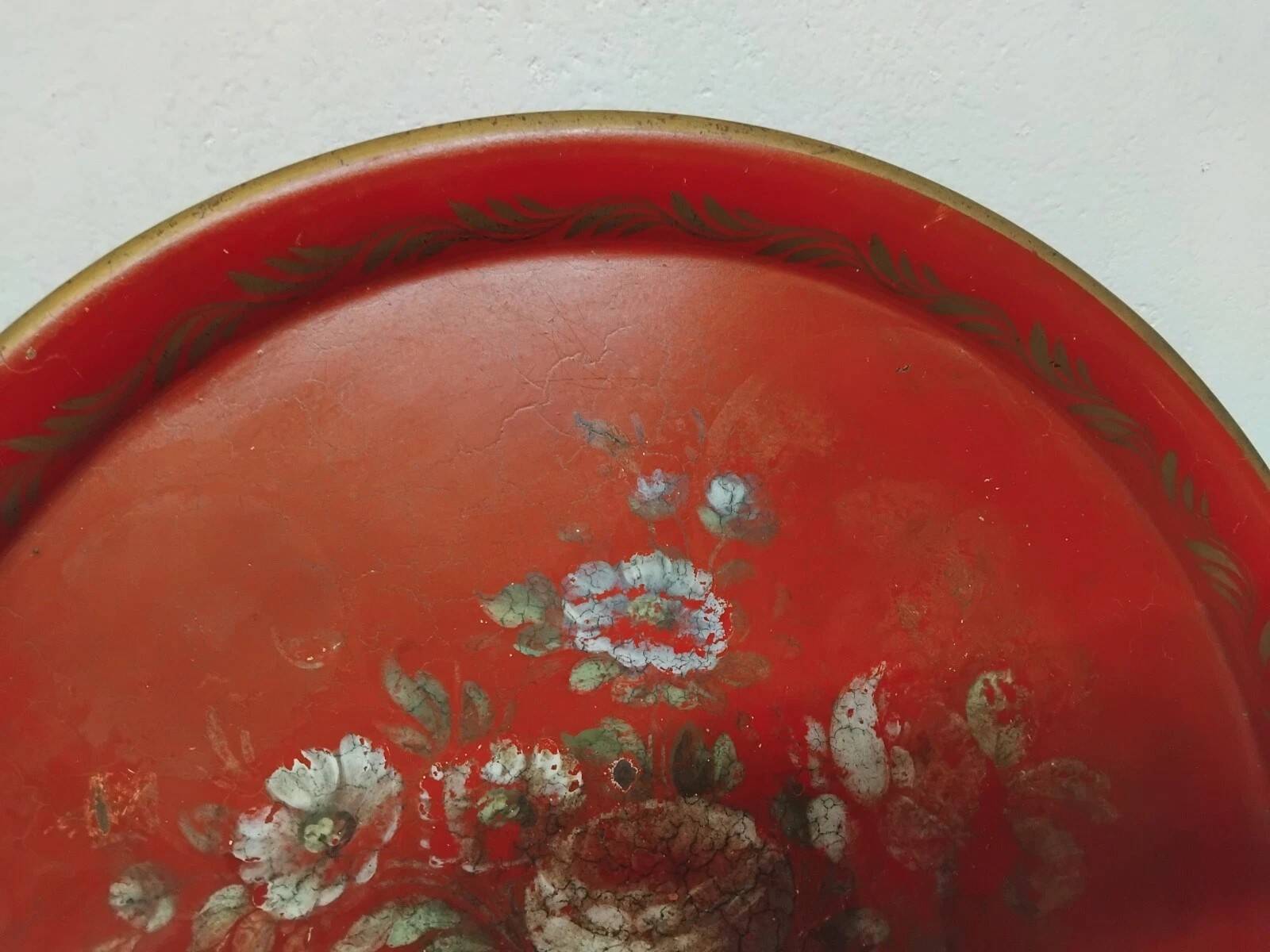Antique Napoleon III Round Sheet Metal Tray - Flower Painting