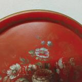 Ancien Plateau Rond En Tôle Napoléon III -Peinture Fleur