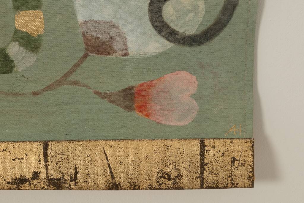 Canvas painted with a decor of lemurs, birds, and flowers. Contemporary.