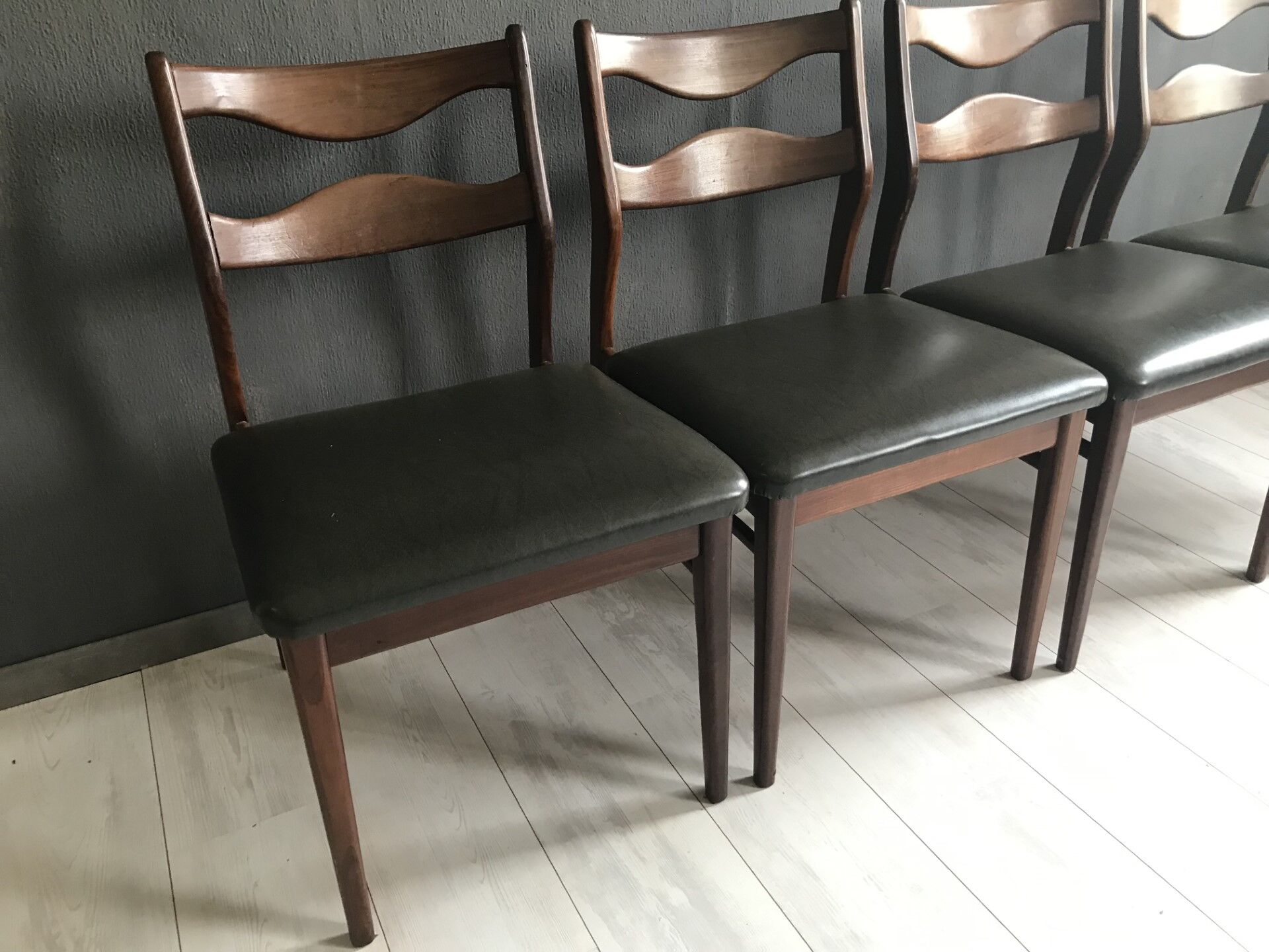 4 vintage teak dining chairs, dark green