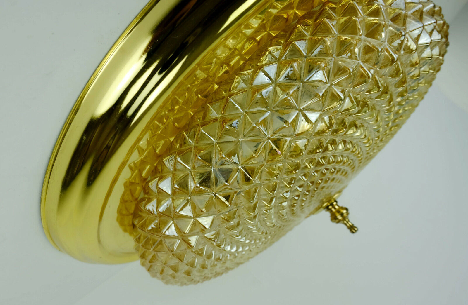 mid century ceiling LAMP flush mount textured amber glass and brass 1970s