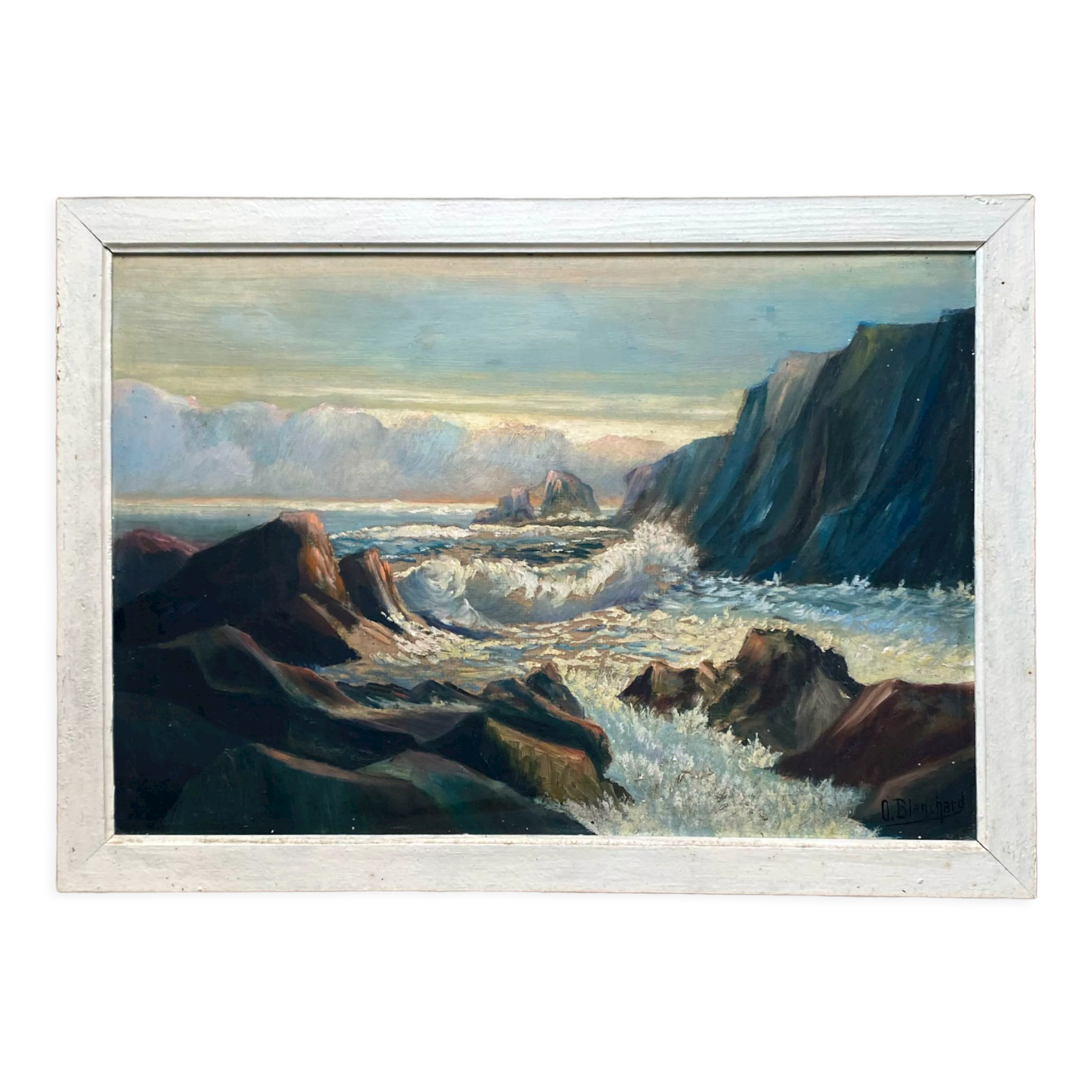 HSP painting "Seaside at sunset" signed O. Blanchard + Marine frame