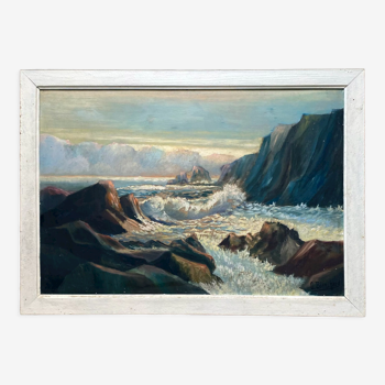 HSP painting "Seaside at sunset" signed O. Blanchard + Marine frame