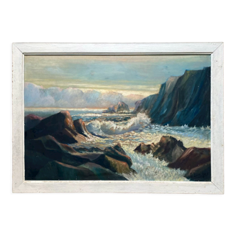 Tableau HSP "Bord de mer au couchant" signé O. Blanchard + cadre Marine