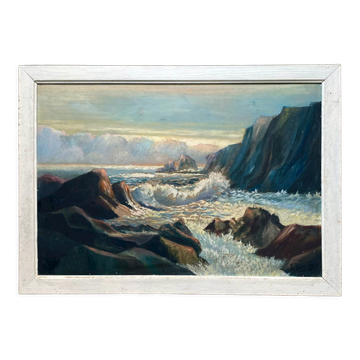 Tableau HSP "Bord de mer au couchant" signé O. Blanchard + cadre Marine