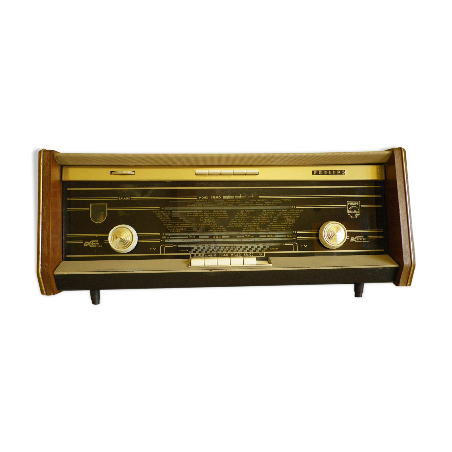 Wood, glass, bakelite, vinyl and brass radio - Bi-amp radio - Philips