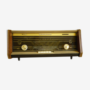 Wooden radio station, glass, Bakelite, vinyl and brass - Bi radio amp - Philips