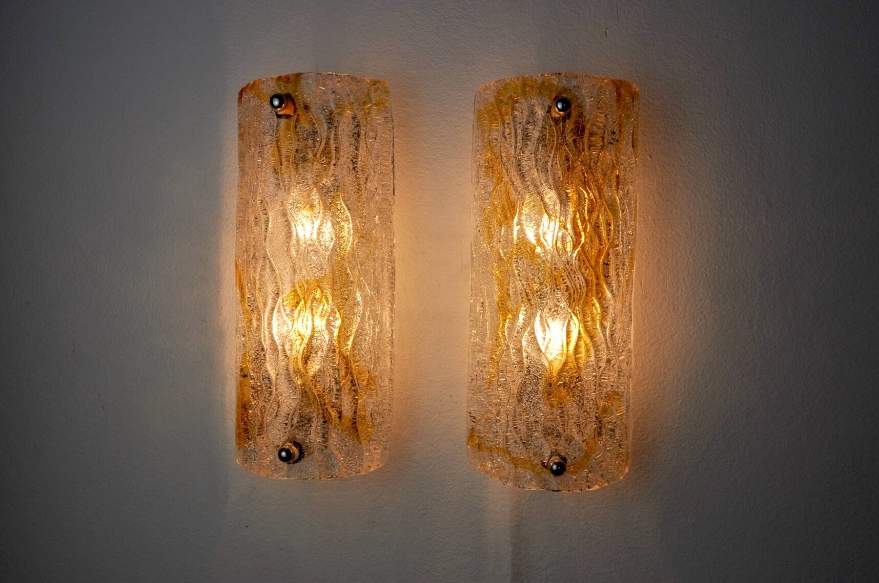 Pair of Mazzega wall lamps, orange Murano blown glass, Italy, 1960