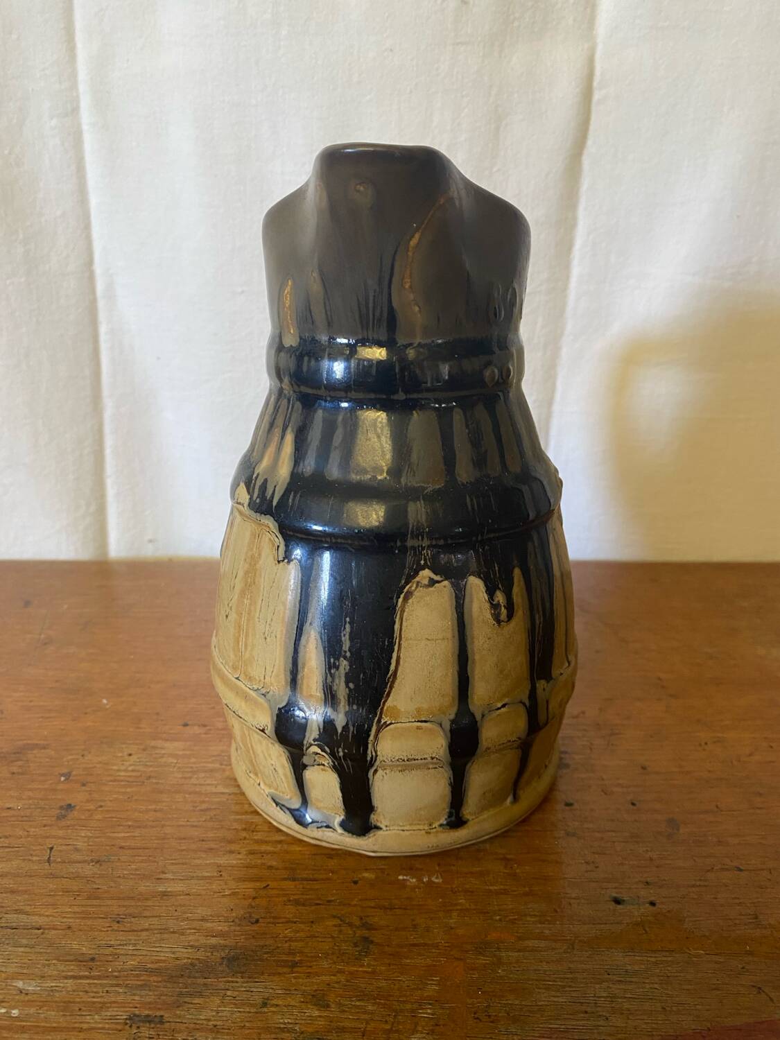 Antique Barrel-Shaped Pitcher, Beige & Blue Glazed Stoneware, 80cl, Service Vi