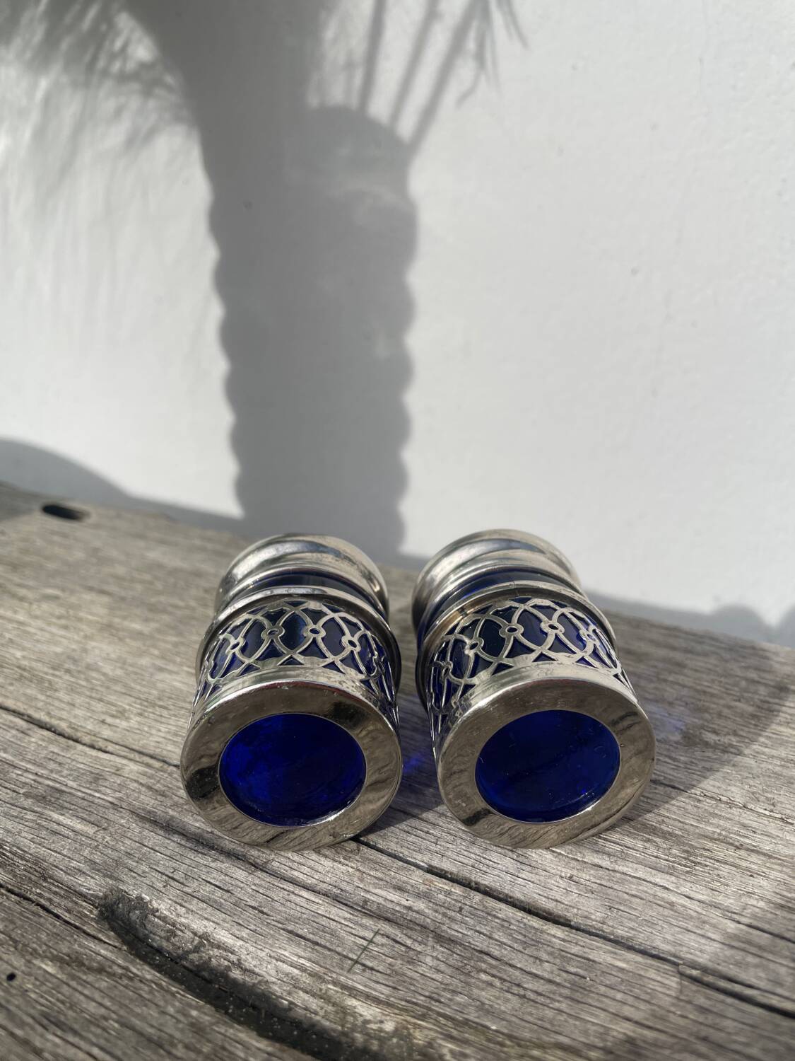 Silver-plated metal and blue glass salt and pepper shaker