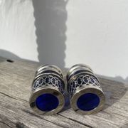 Silver-plated metal and blue glass salt and pepper shaker