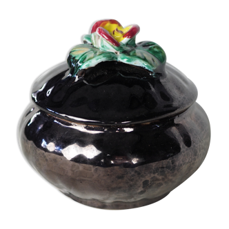 Iridescent black ceramic box topped with a slurry flower - 50s / 60s