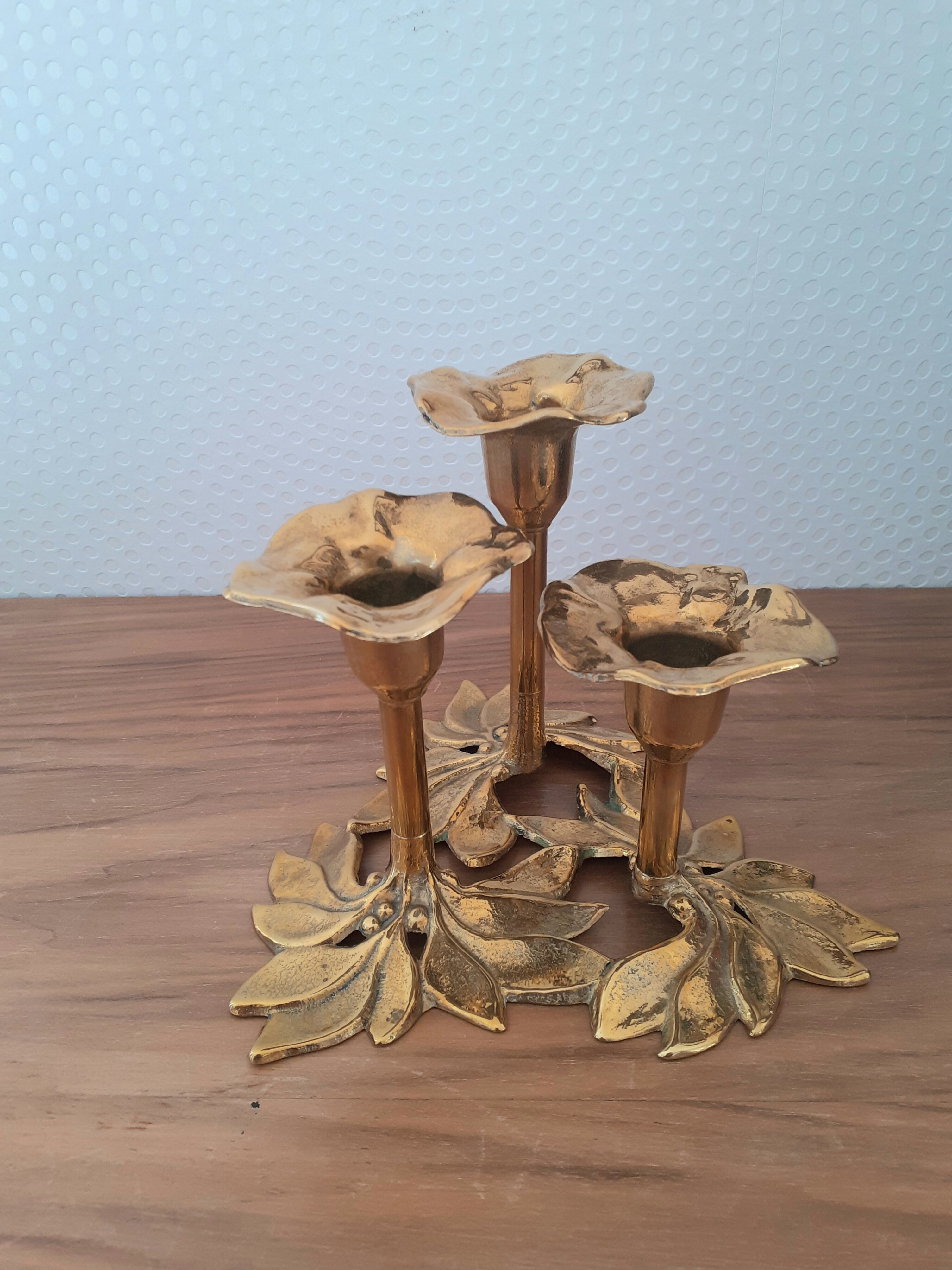 Brass candle holder three flowers