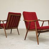 Pair of burgundy boomerang armchairs Antonin Suman Ton Bystrice (Thonet)