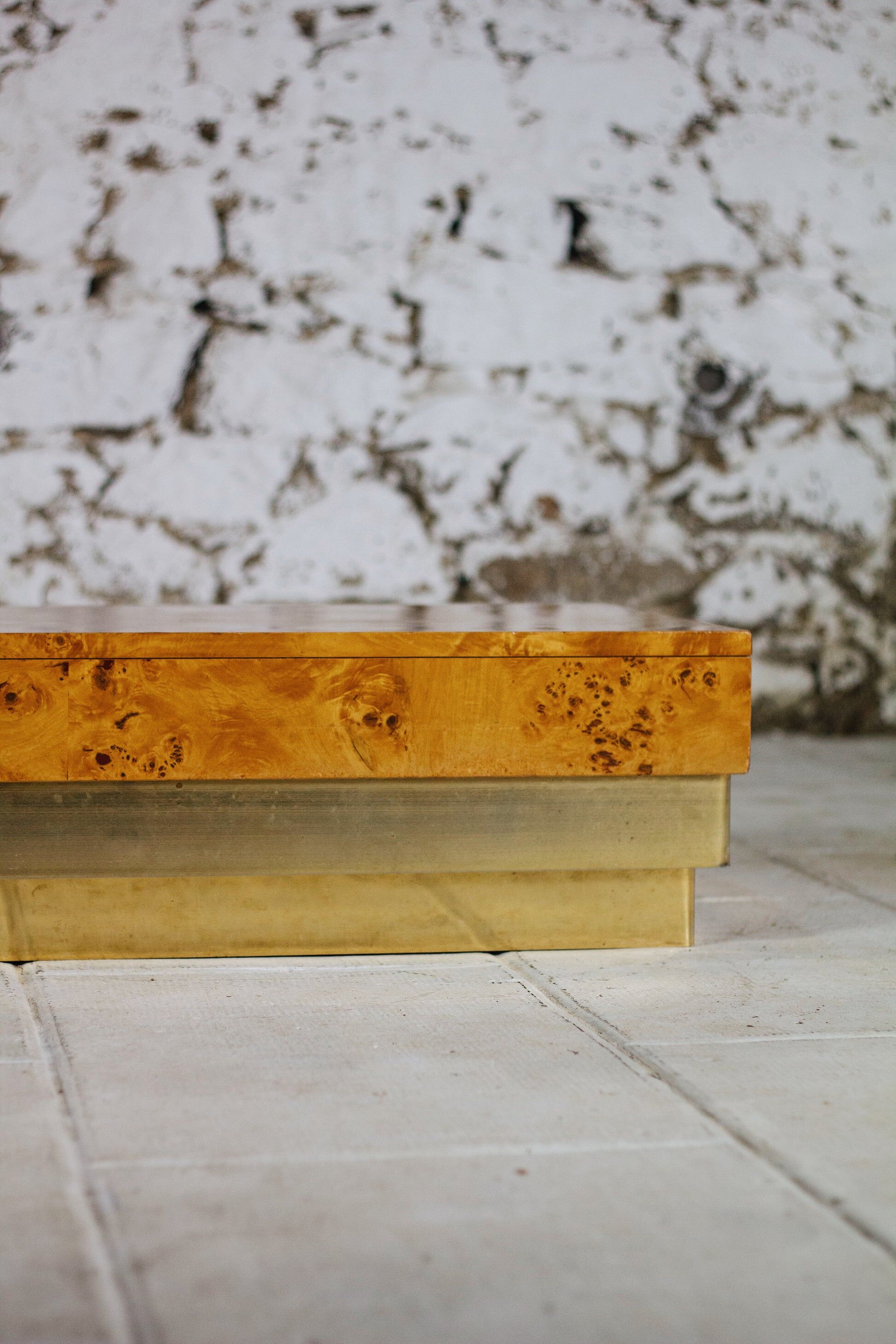 Coffee table in elm burl and brass, 1970