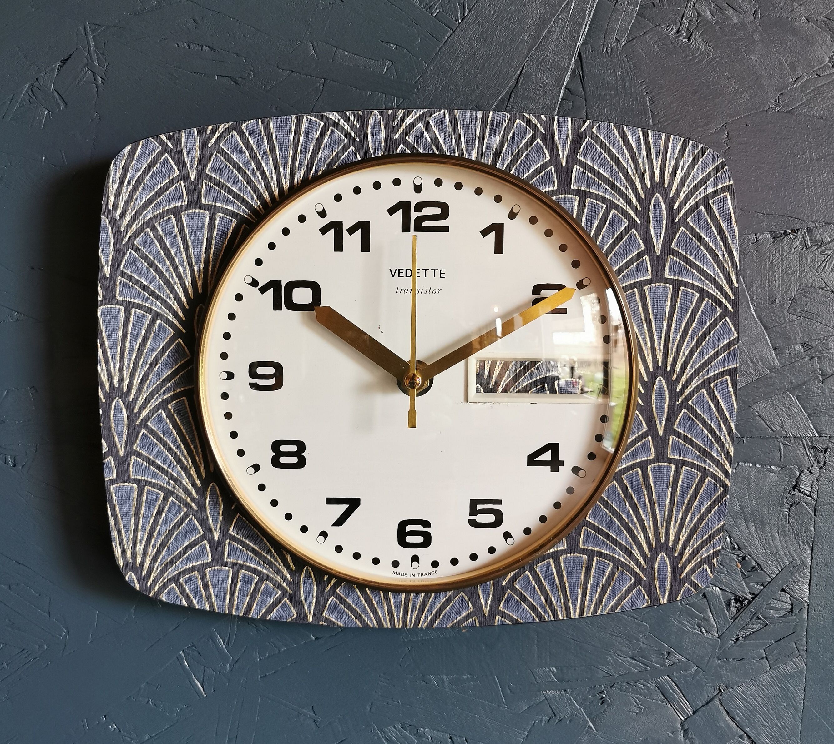 Vintage clock rectangular silent wall clock "Golden Blue Spotlight"