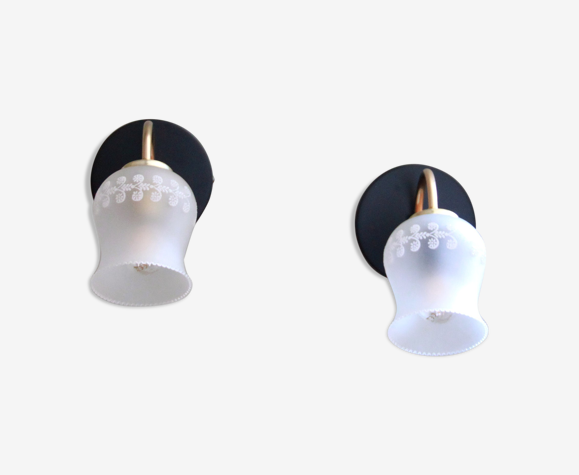 Paire d'appliques murales laiton et tulipe en verre sérigraphié luminaire vintage