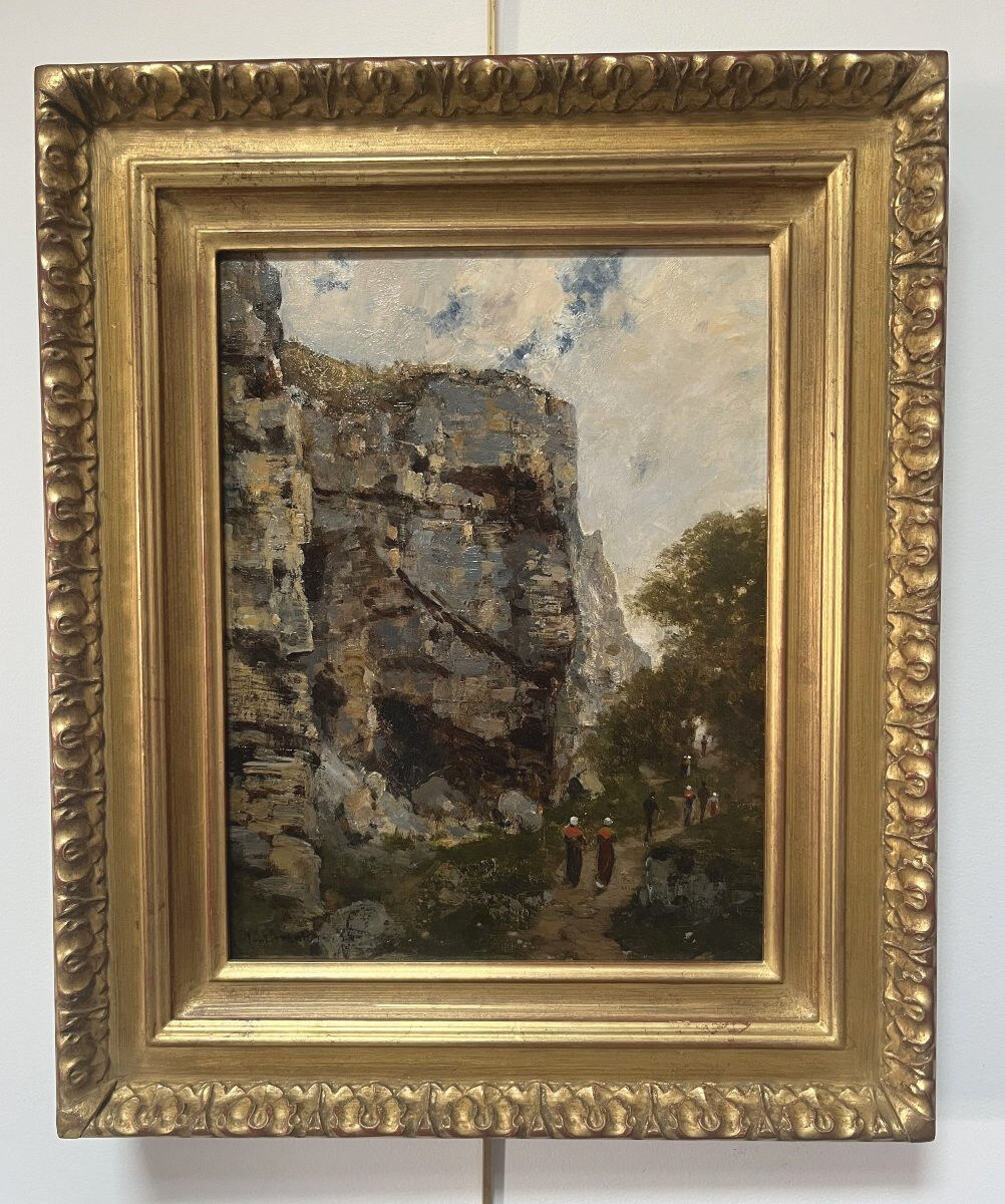 Charles Montlevault (1835-1897) Walkers along a cliff, Oil on canvas signed