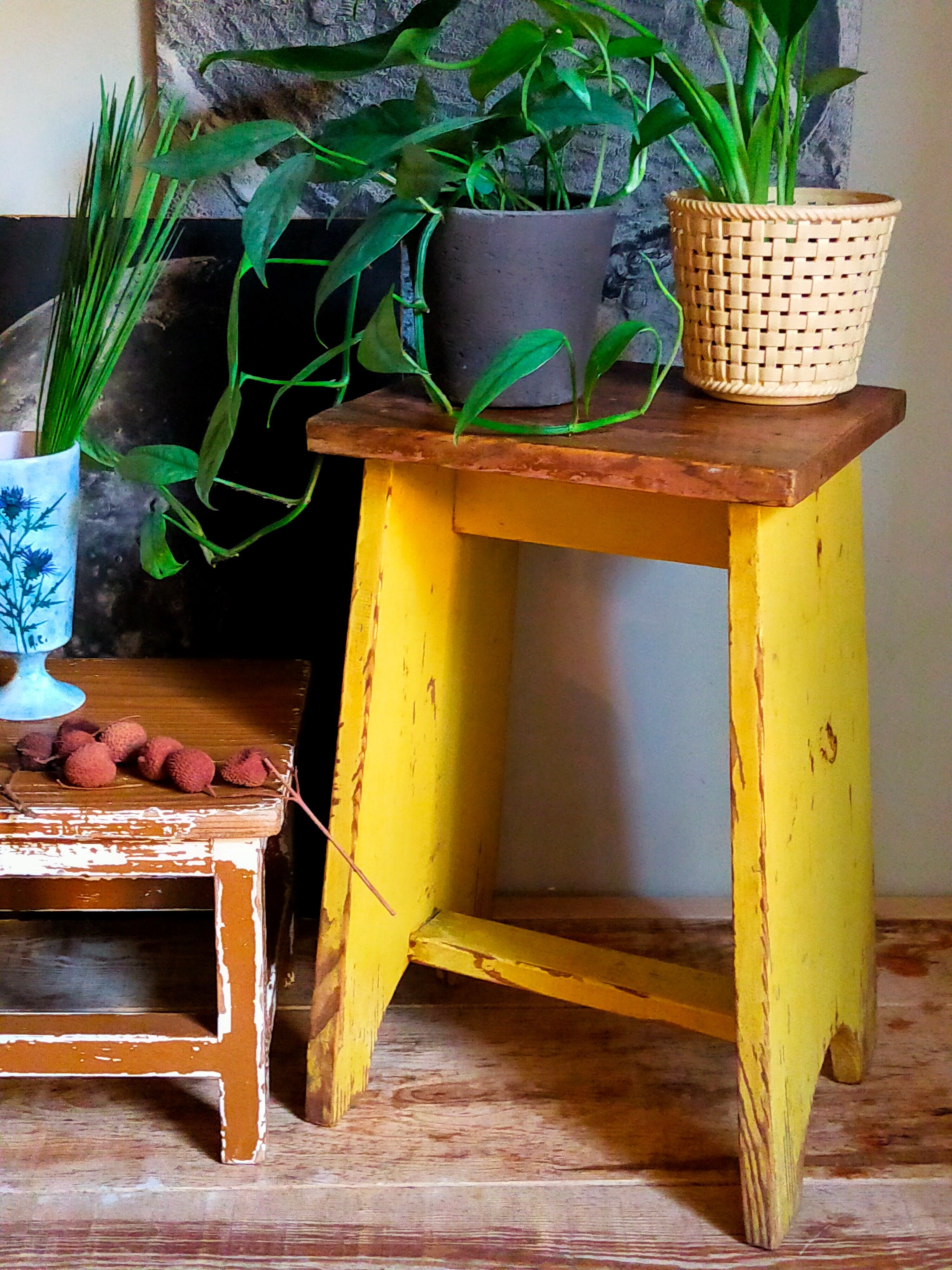 Art-populaire workshop stool in patinated wood