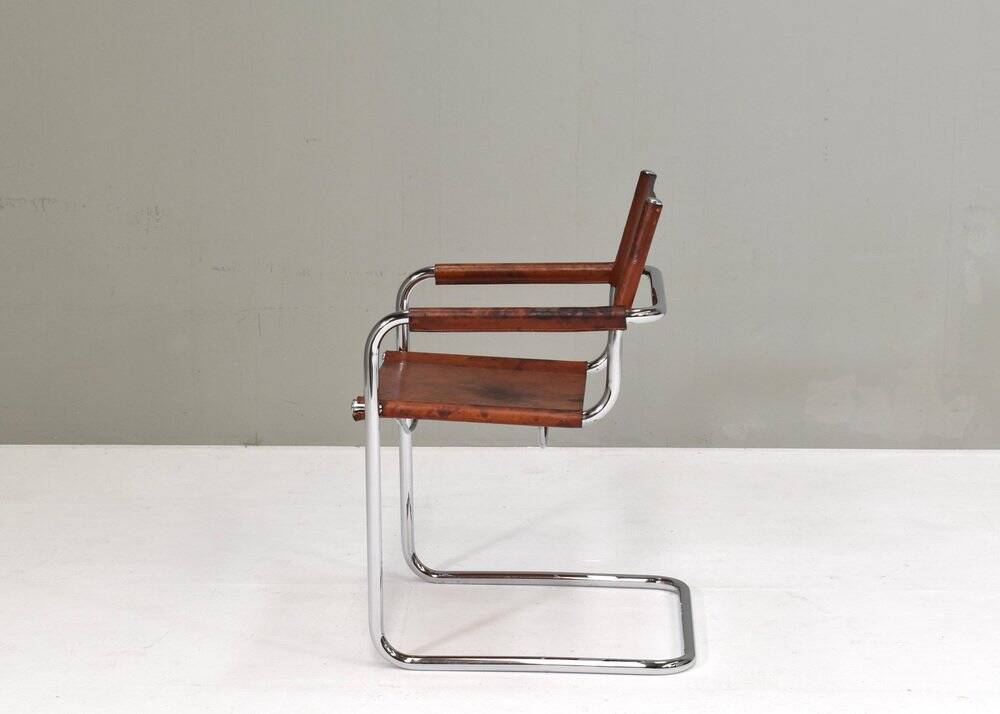 S34 dining armchair in cognac saddle leather by Mart Stam for Fasem, 1970s
