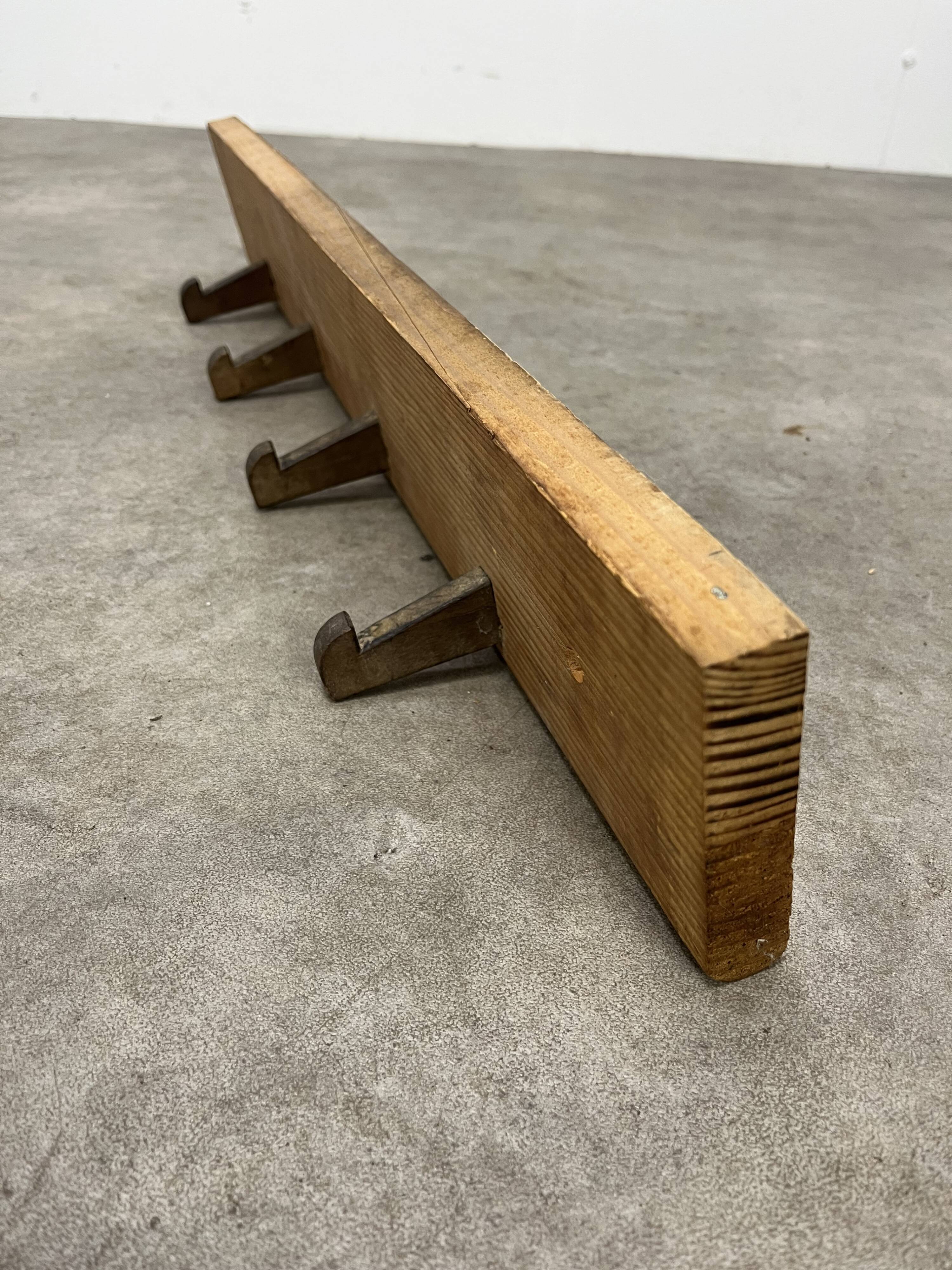 Brutalist pine chalet style wall coat rack, 4 hooks