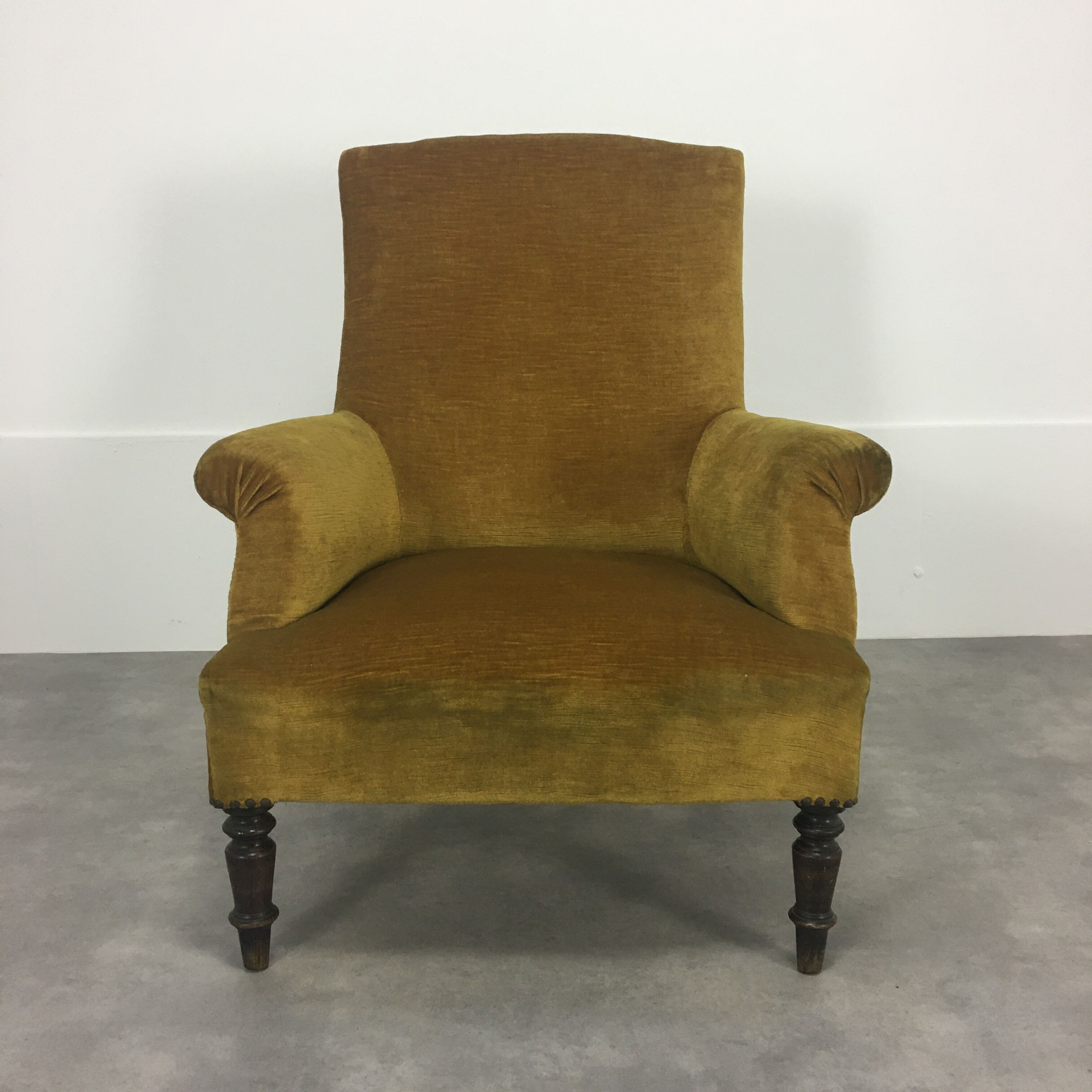 English armchair Napoleon III in mustard yellow velvet