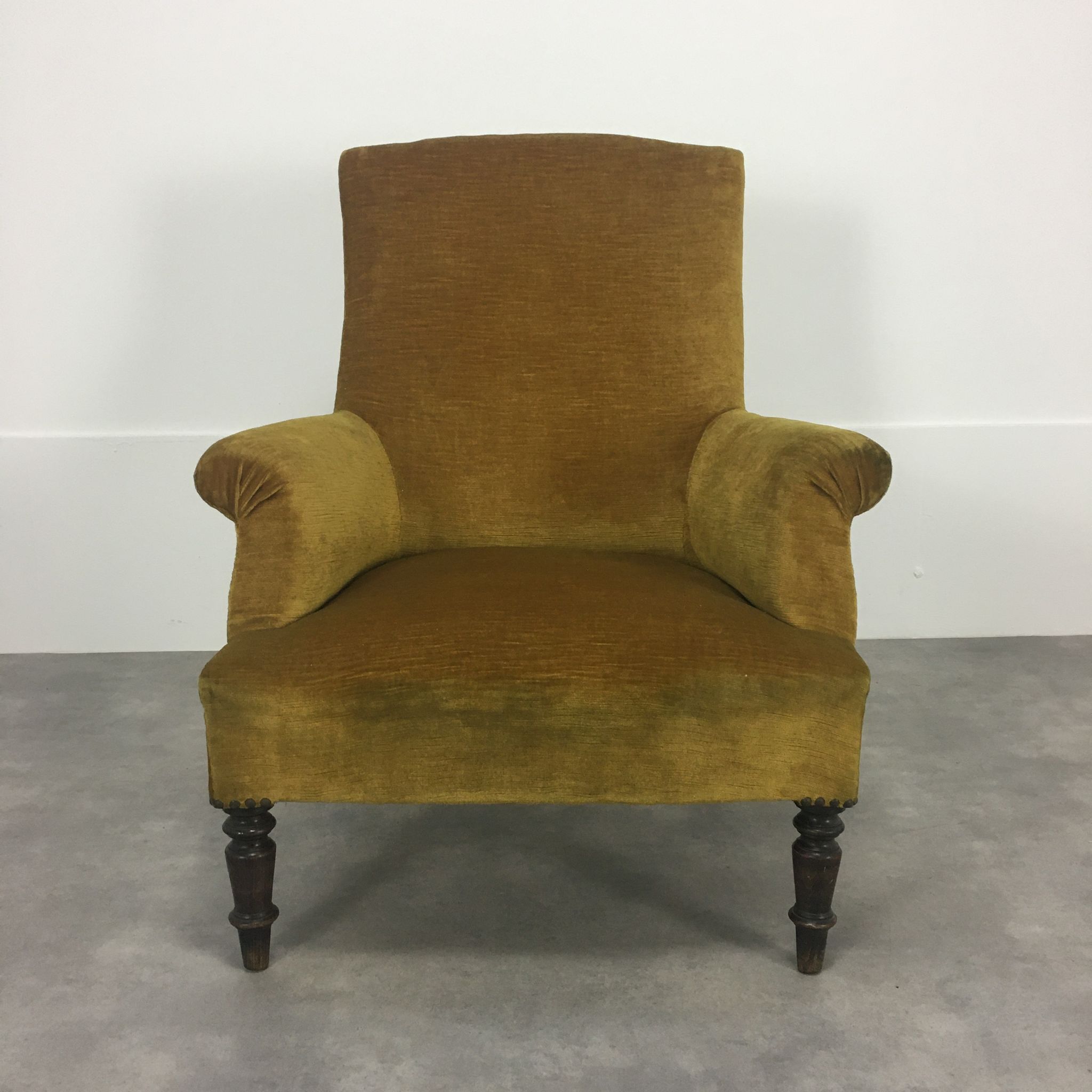 English armchair Napoleon III in mustard yellow velvet
