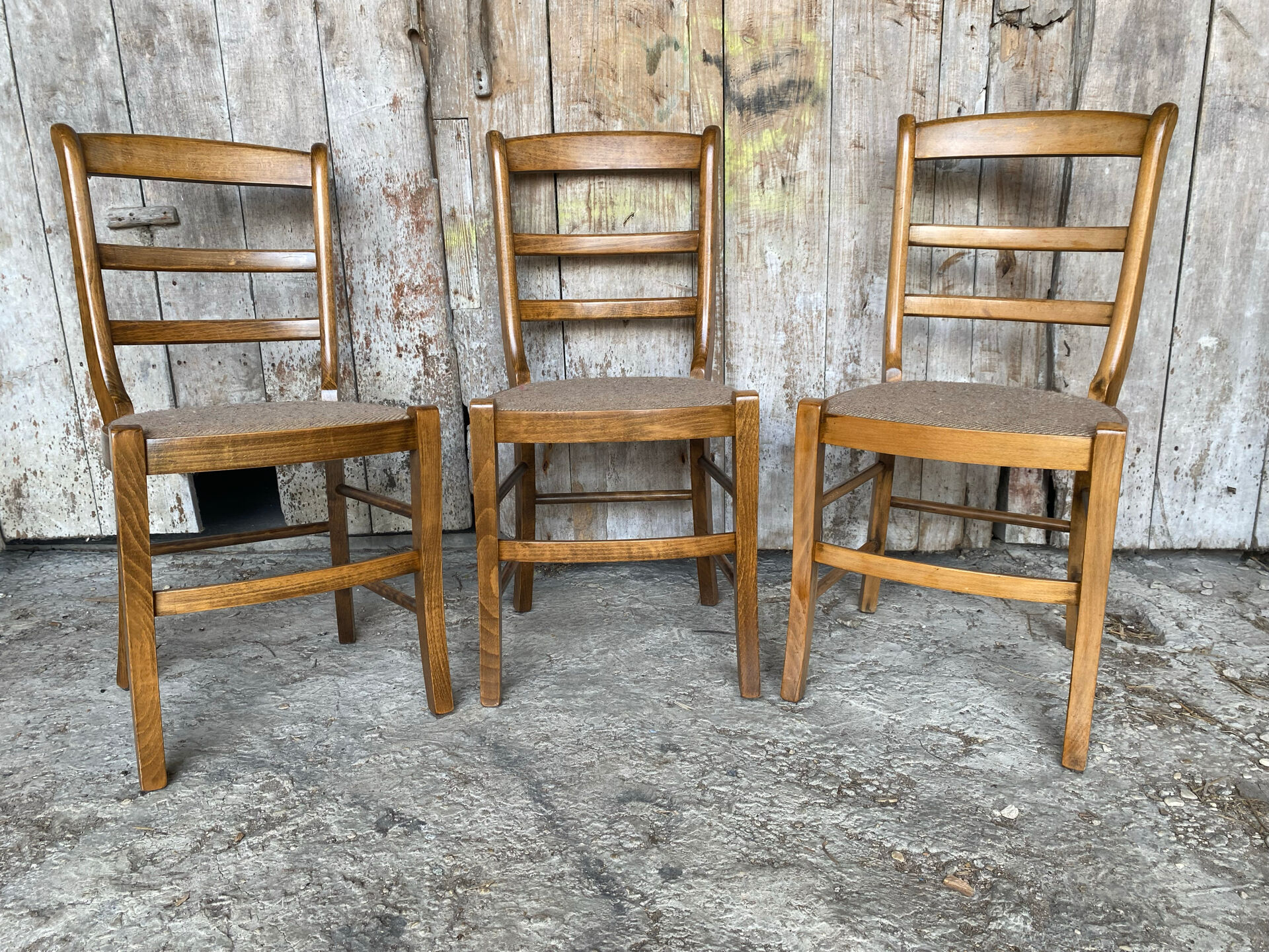 Set of 3 Antique BAUMANN Chairs Wood + Vintage Fabric Cushion Seat