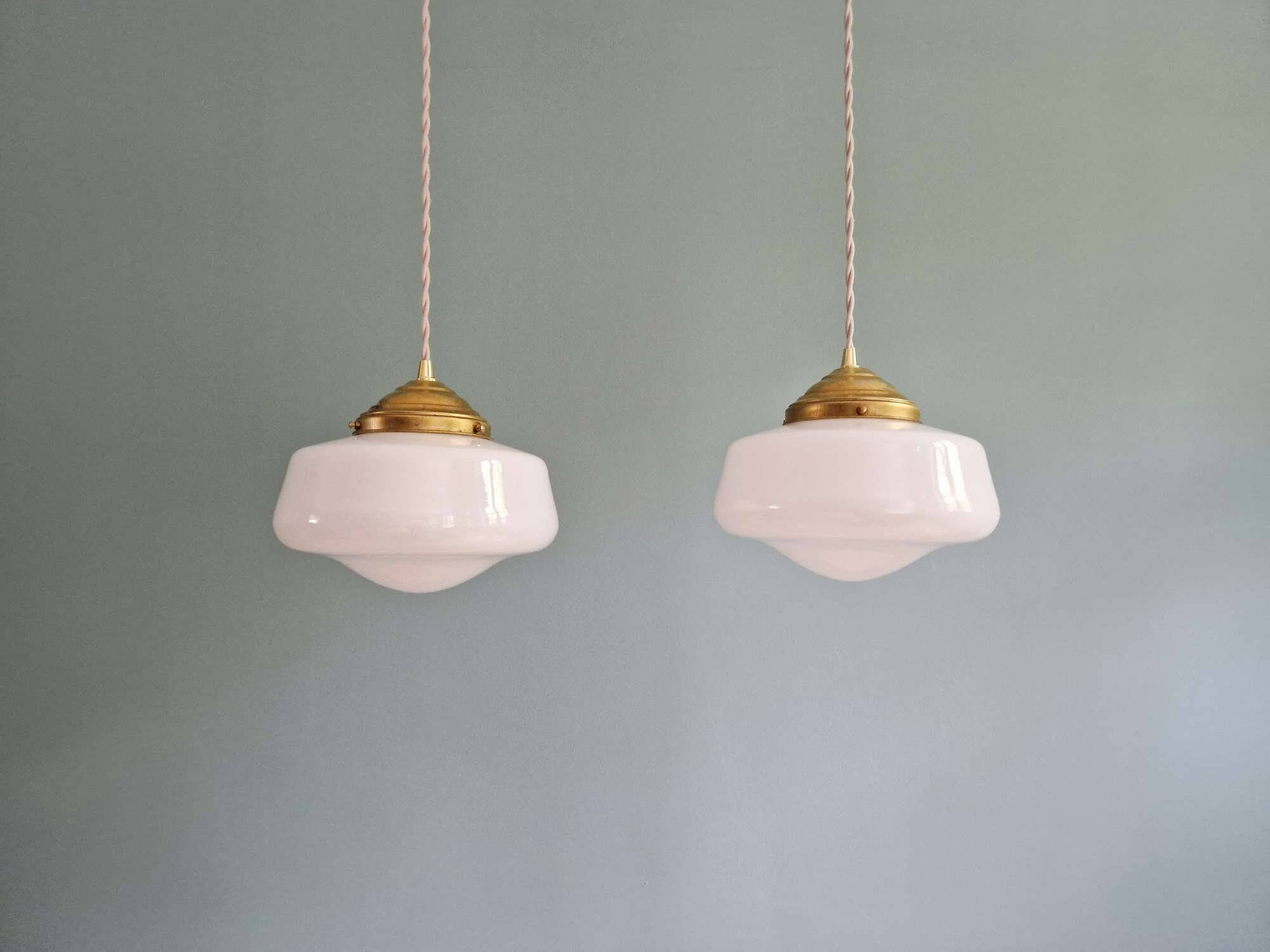 Pair of Art Deco conical white opaline pendant lights, 1920-30