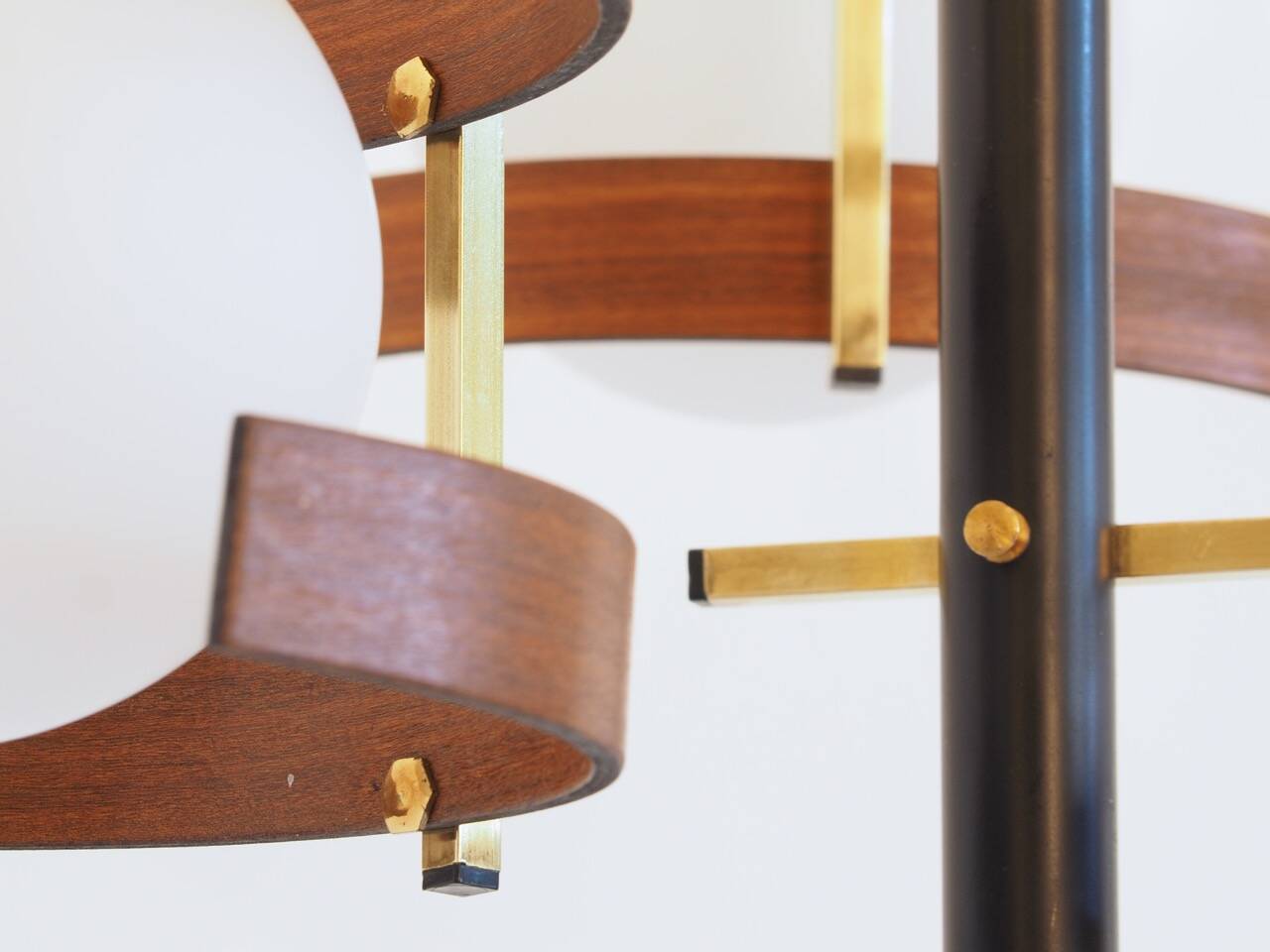 Italian 3-globe pendant light in opaline with teak and brass.