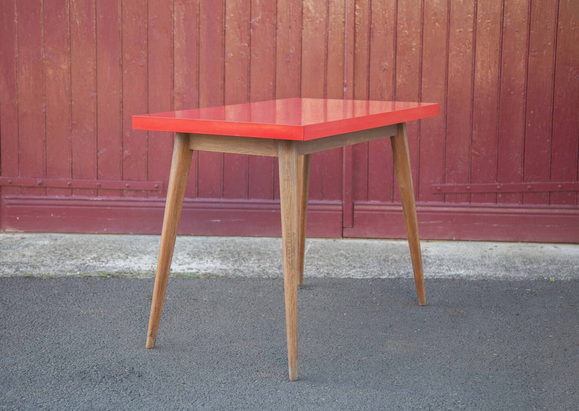 Vintage bistro table wooden table and red formica feet compass, kitchen, countryside