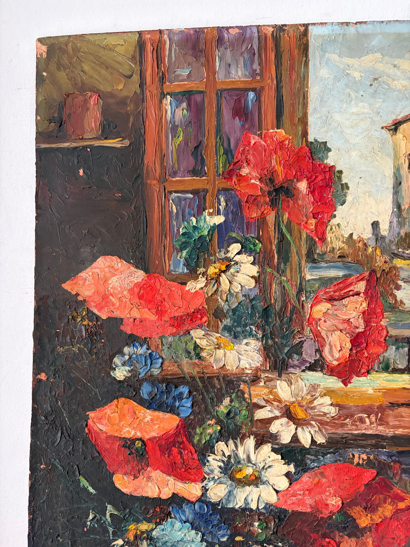 Wildflower bouquet, window with a view, oil on panel 1934