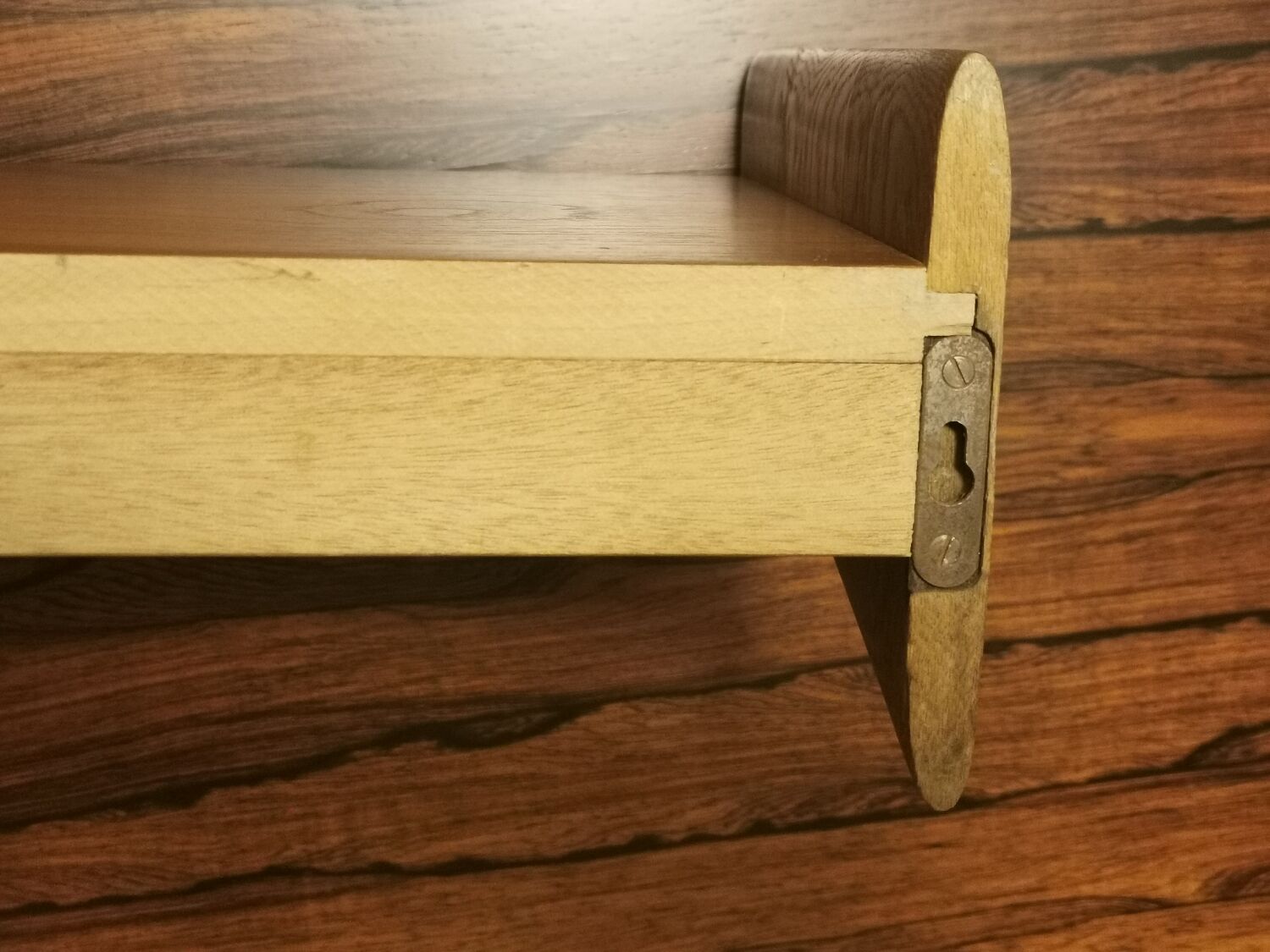 Pair of Scandinavian bedside wall shelves in teak and oak