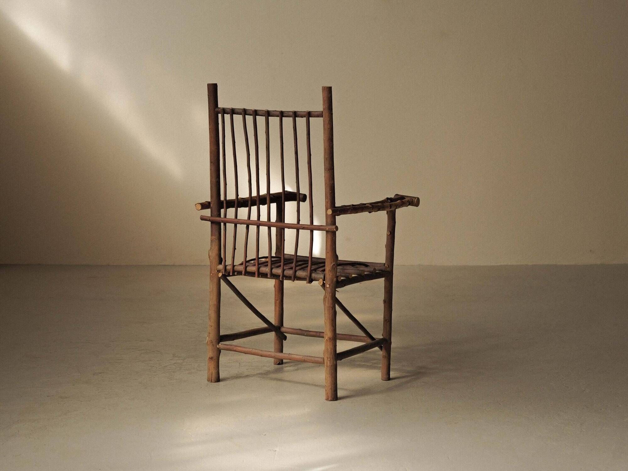 Brutalist armchair made of hazel branches, circa 1970.