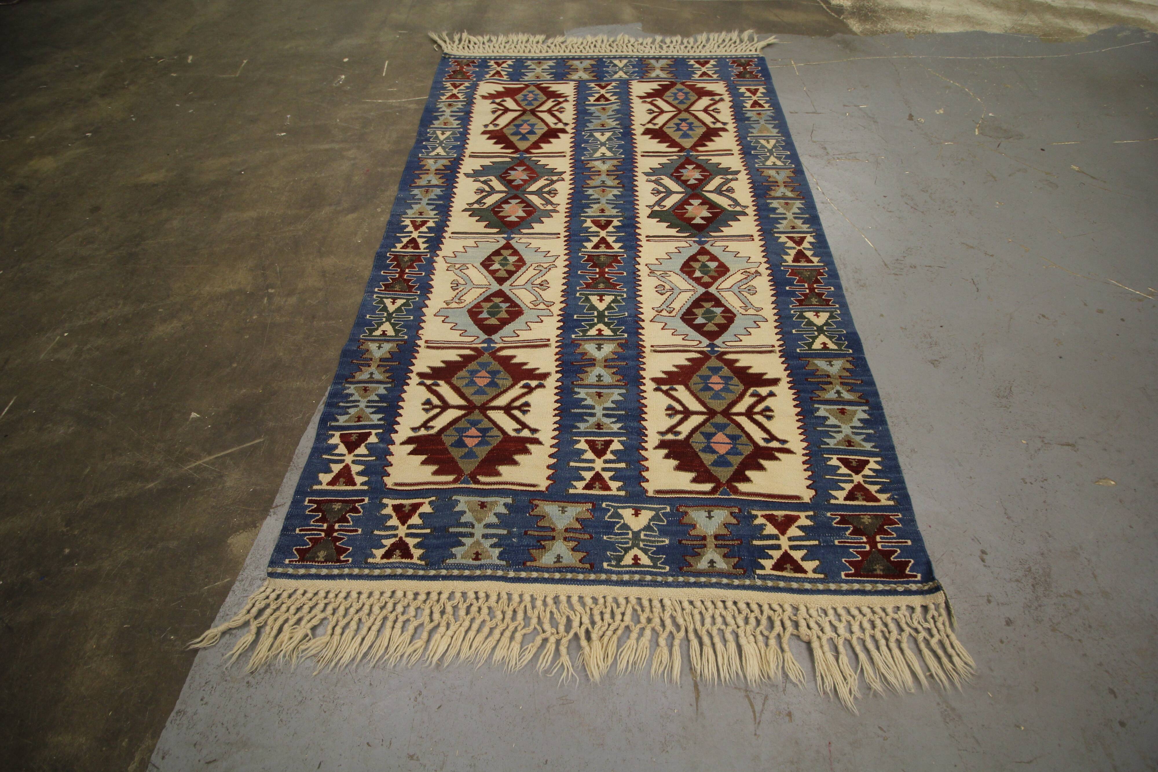 Turkish Antique Kilim Runner Blue Geometric Tribal Hallway Rug 90 x 142 cm